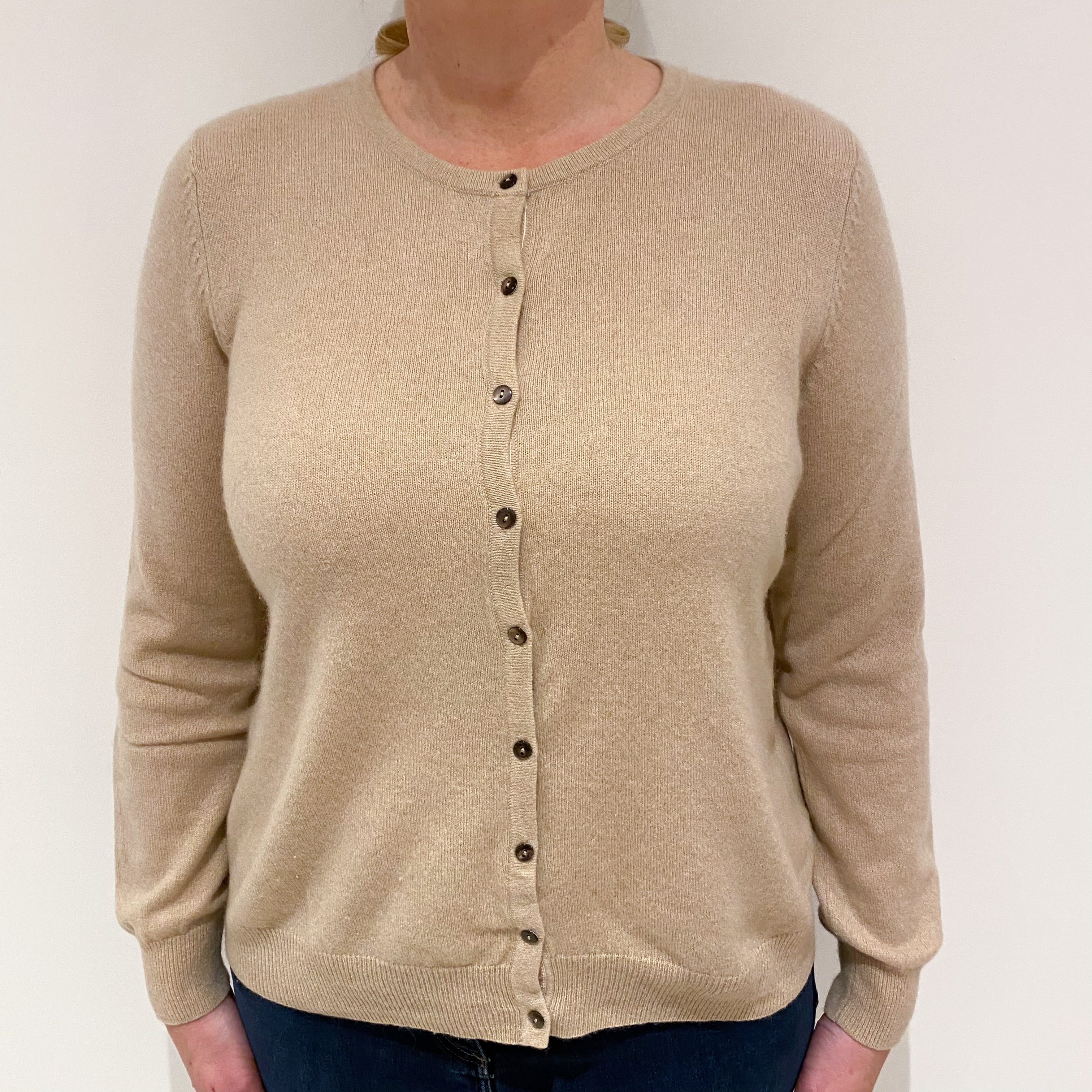 Buff Beige Cashmere Crew Neck Cardigan Large