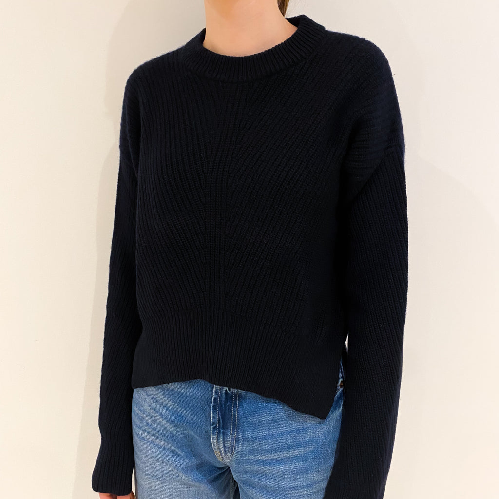 Dark Navy Chunky Rib Cashmere Crew Neck Jumper Extra Small