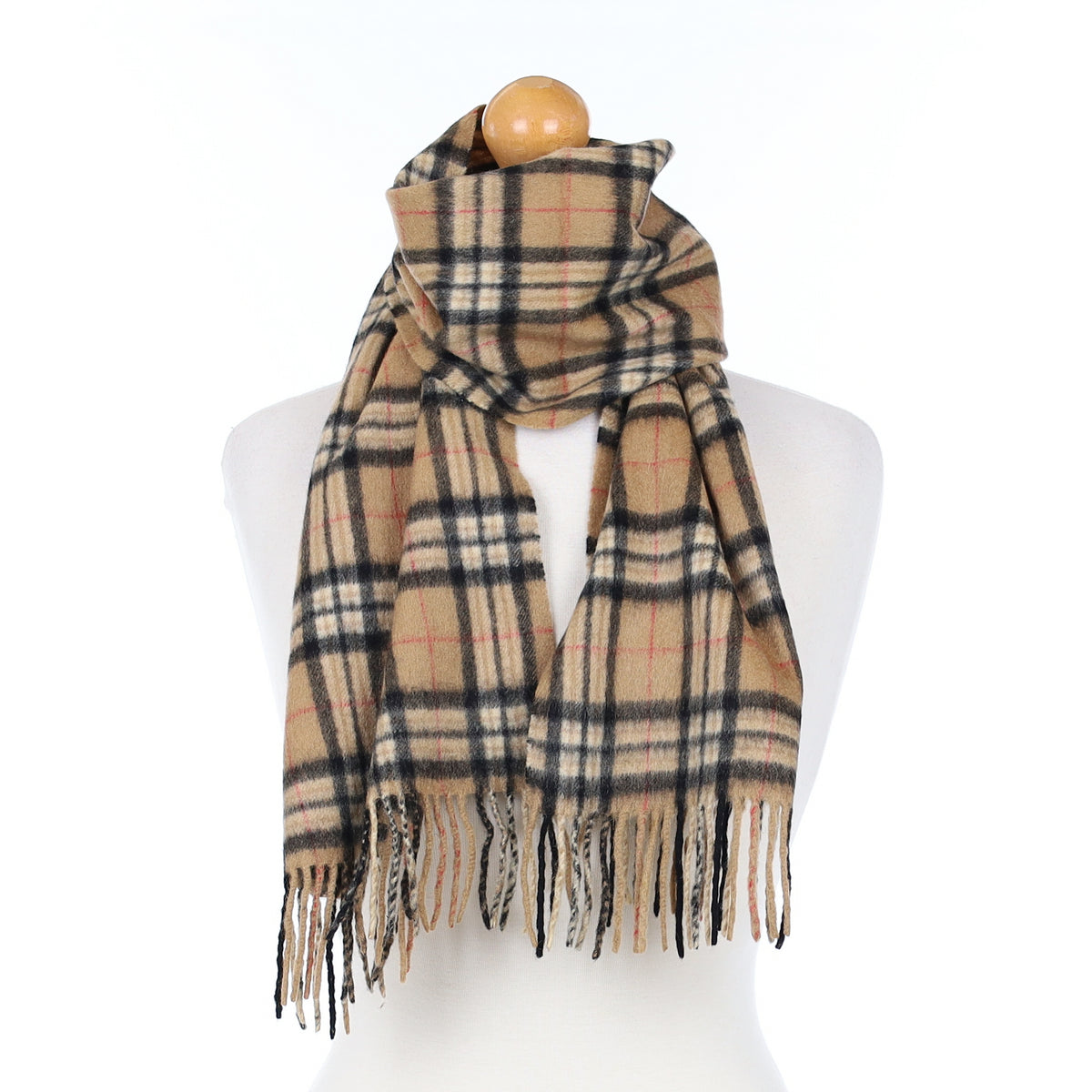 Camel and Black Checked Cashmere Woven Scarf