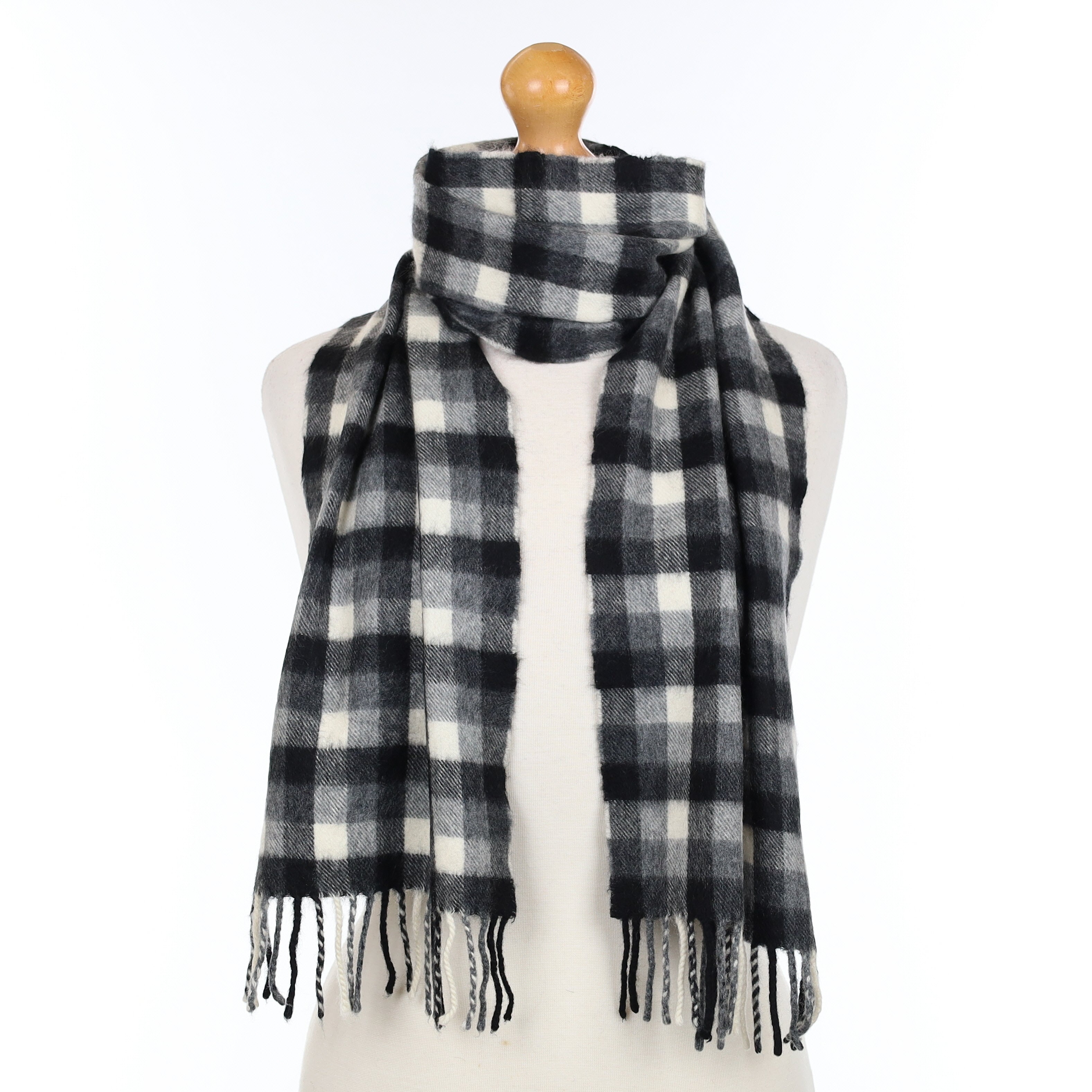 Black Cream and Grey Checked Cashmere Woven Scarf
