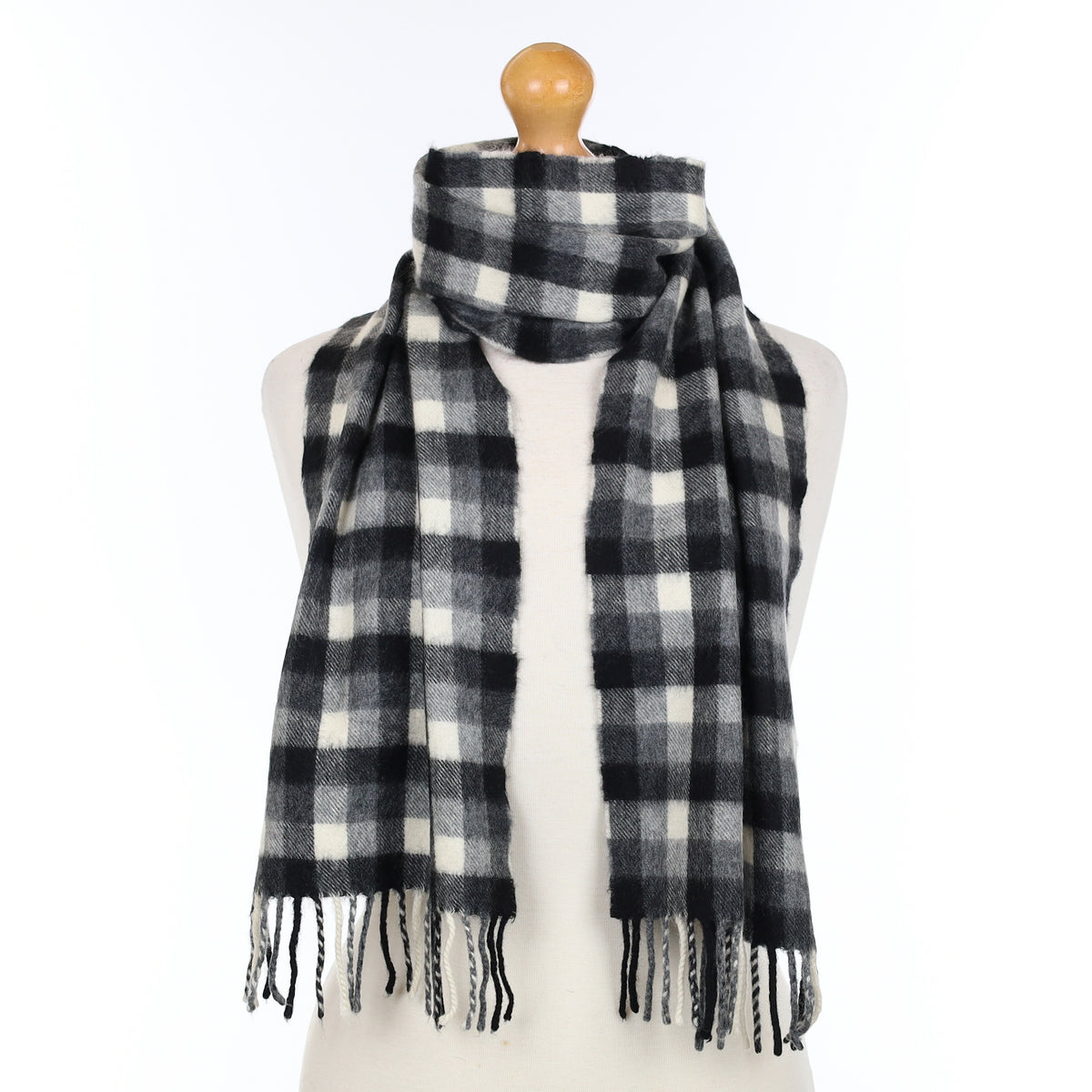 Black Cream and Grey Checked Cashmere Woven Scarf
