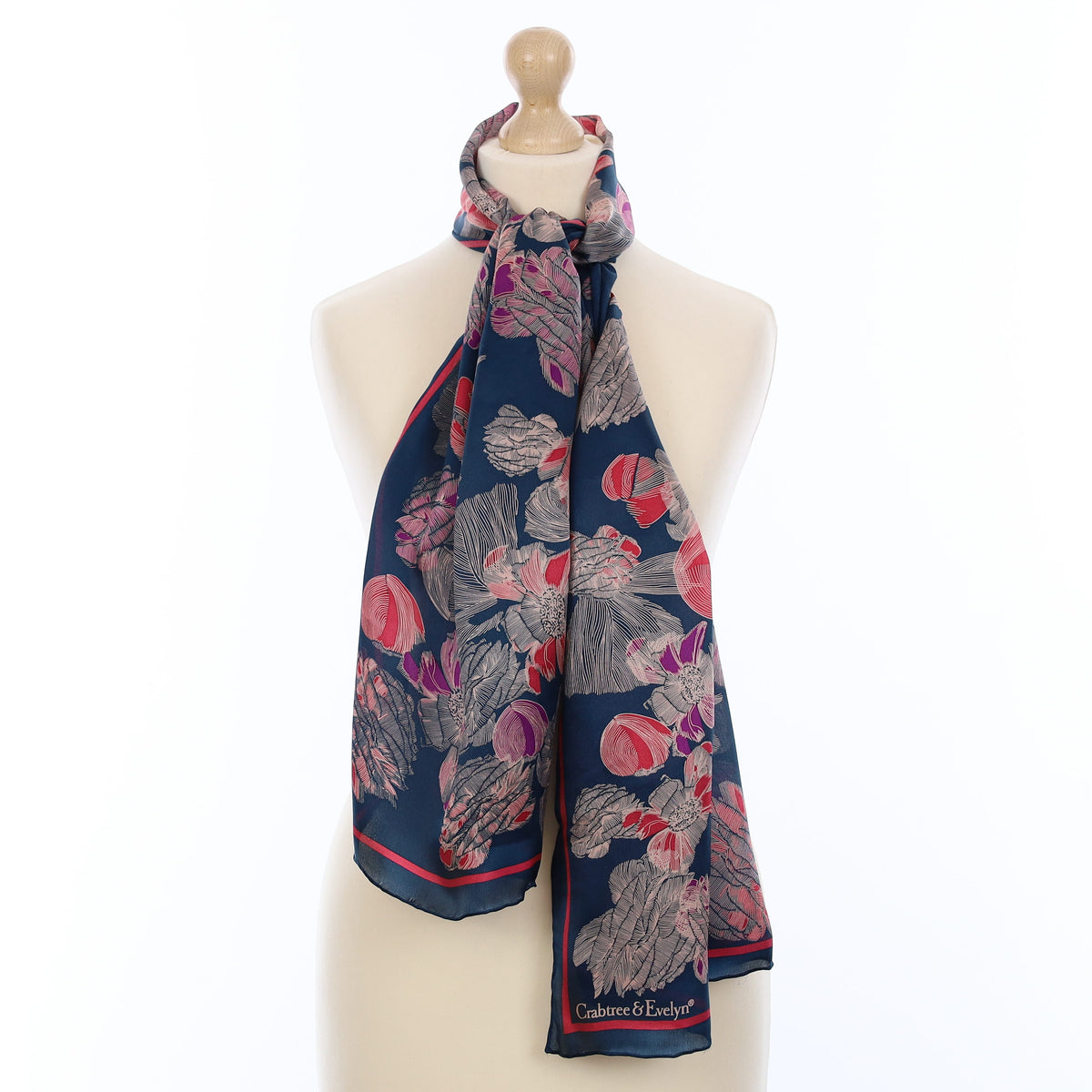 Brand New Boxed Crabtree & Evelyn Navy Floral Silk Scarf