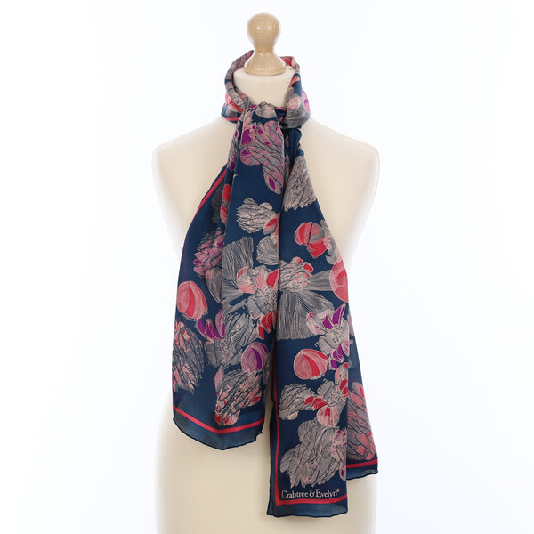 Brand New Boxed Crabtree & Evelyn Navy Floral Silk Scarf