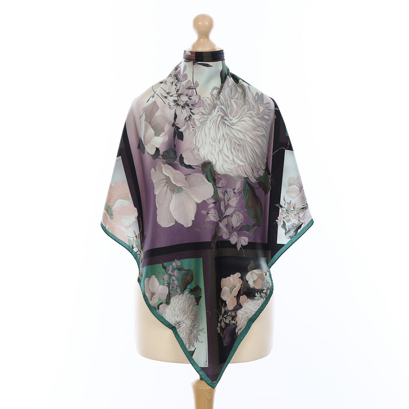 Pristine Purple and Green Floral Silk Scarf