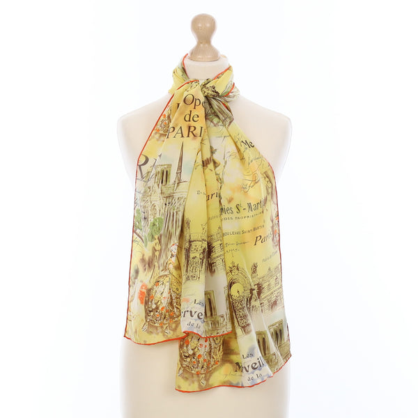 Pristine Chamomile Yellow Parisian Scene Silk Scarf