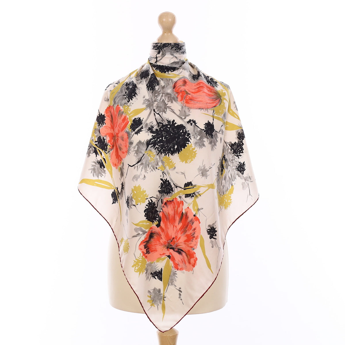 1960's Coral and Grey Floral Vintage Silk Scarf