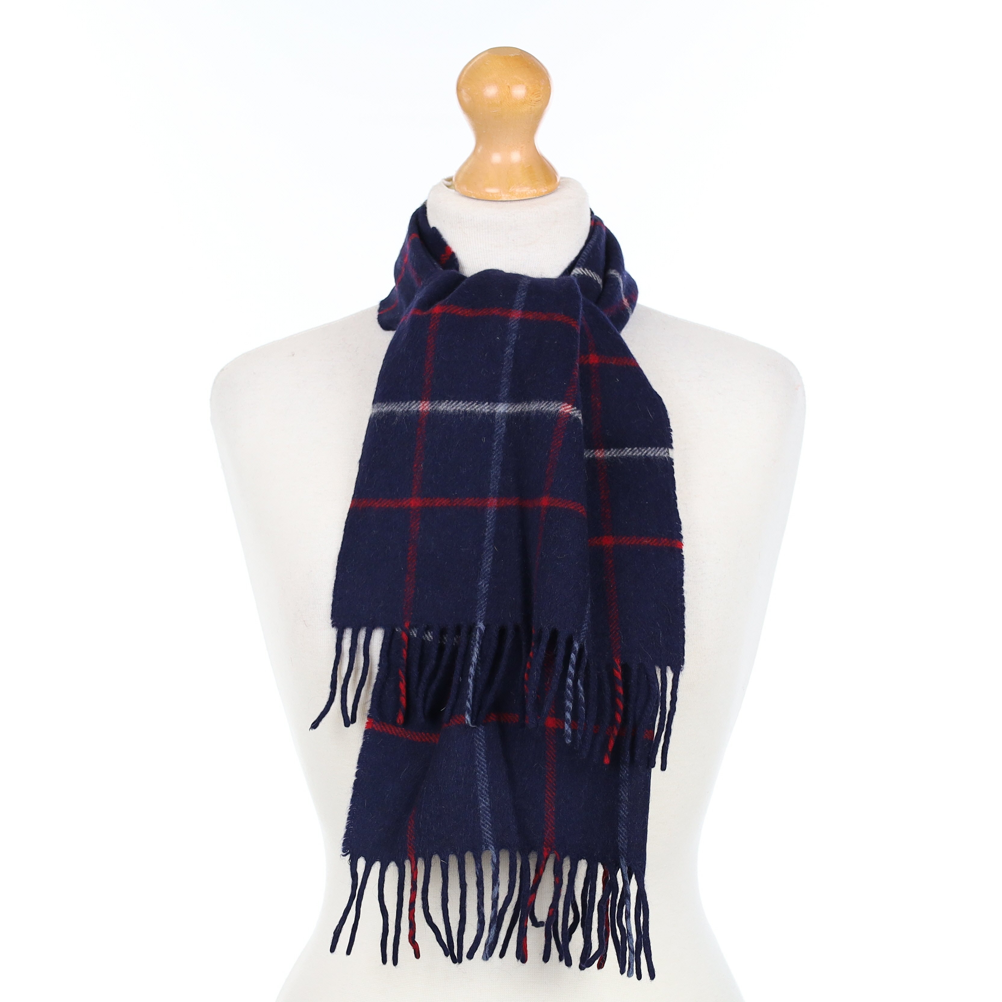 Navy Blue and Red Checked Cashmere Woven Scarf