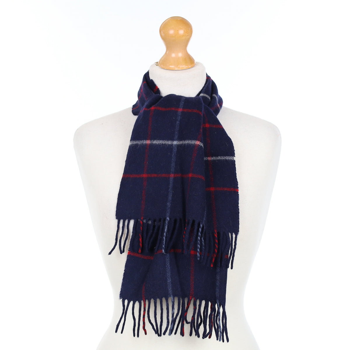 Navy Blue and Red Checked Cashmere Woven Scarf
