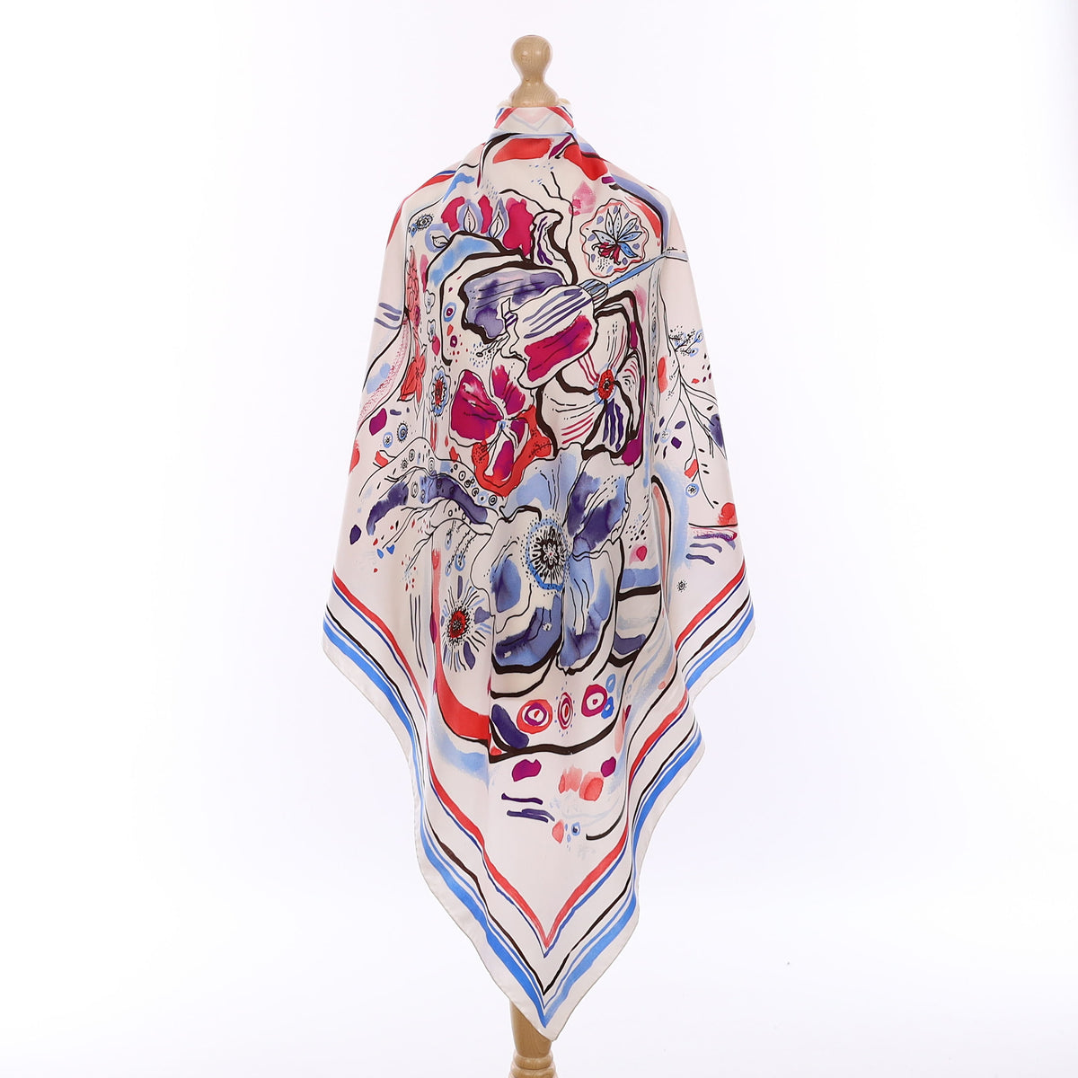 Pristine Blue and Red Artistic Floral Silk Scarf