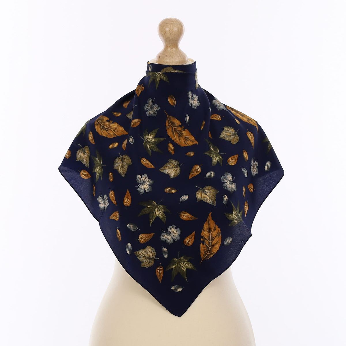 Pristine Navy Autumn Leaves Silk Scarf