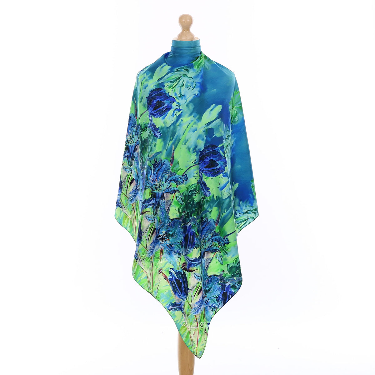 Pristine Blue and Green Floral Silk Scarf