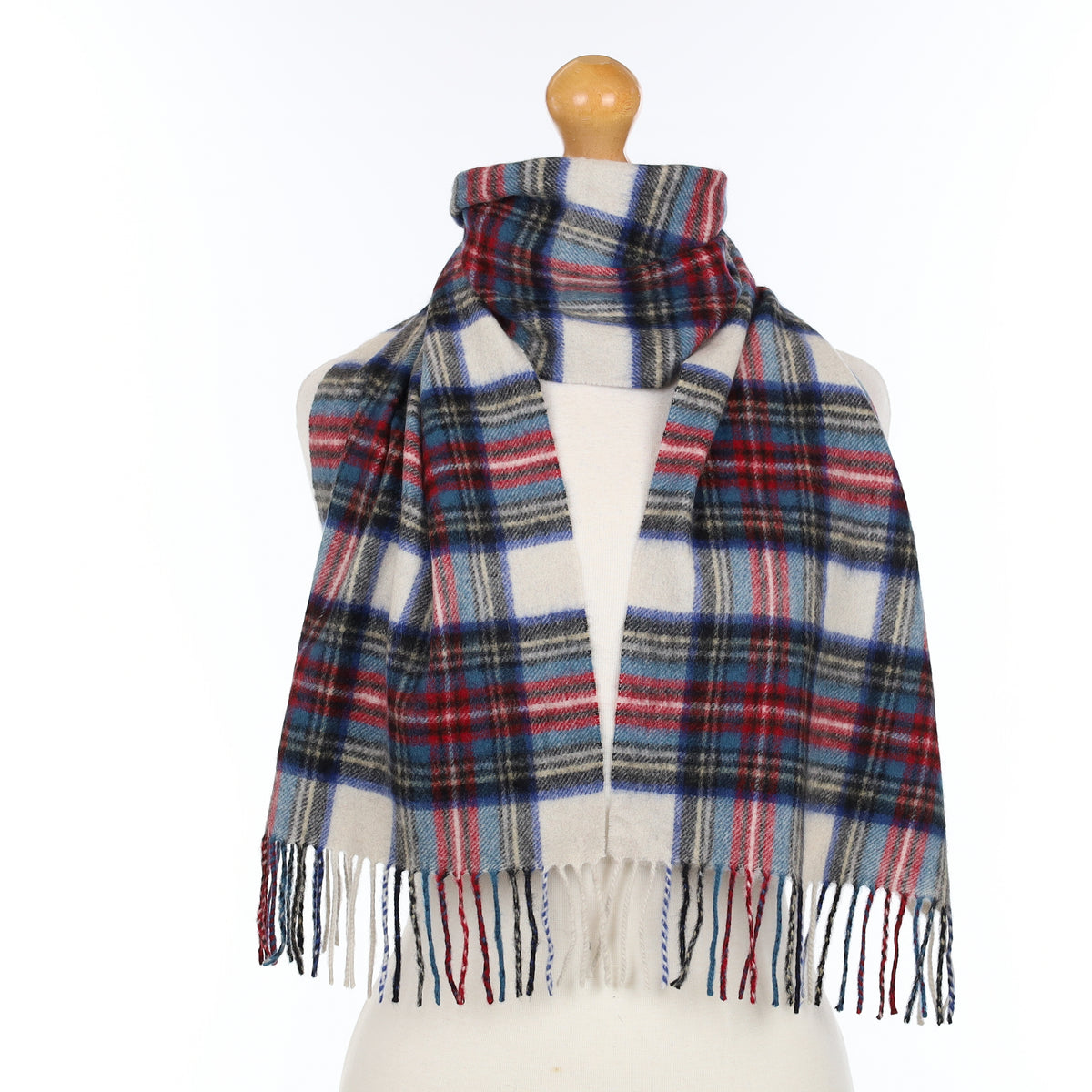 Blue Red and Cream Plaid Cashmere Woven Scarf