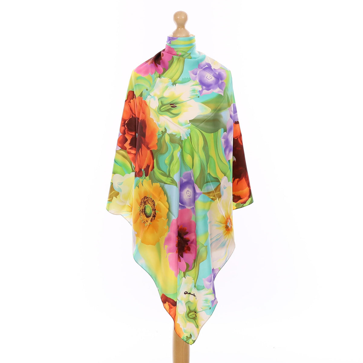 Brand New Green Colourful Floral Silk Scarf