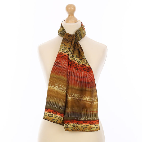 Pristine Khaki and Rust Striped Silk Scarf