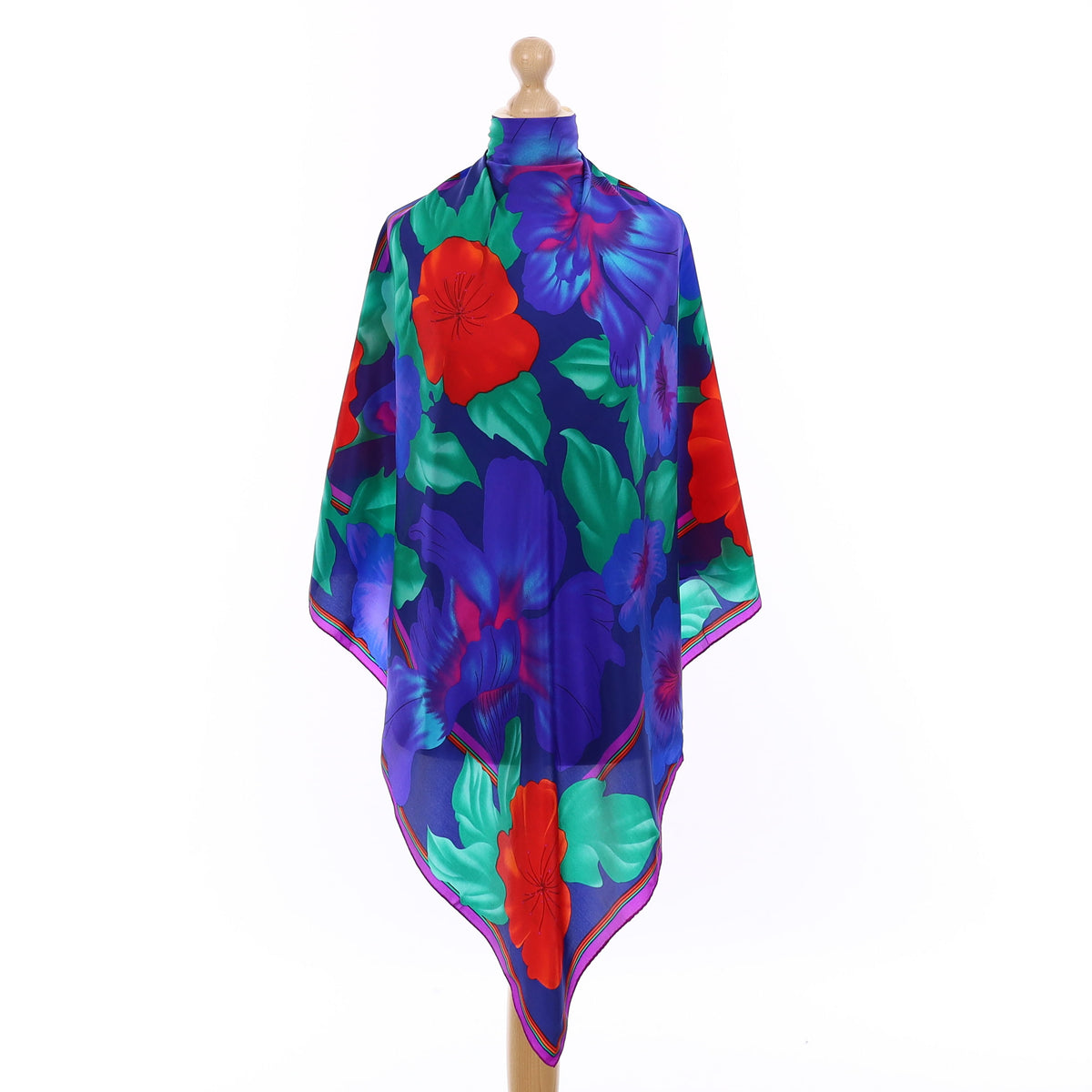 Blue and Red Floral Silk Scarf