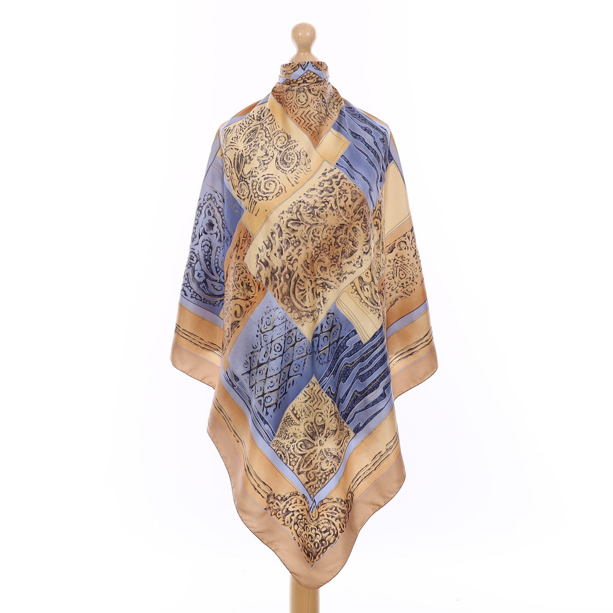 Taupe and Blue Patchwork Silk Scarf