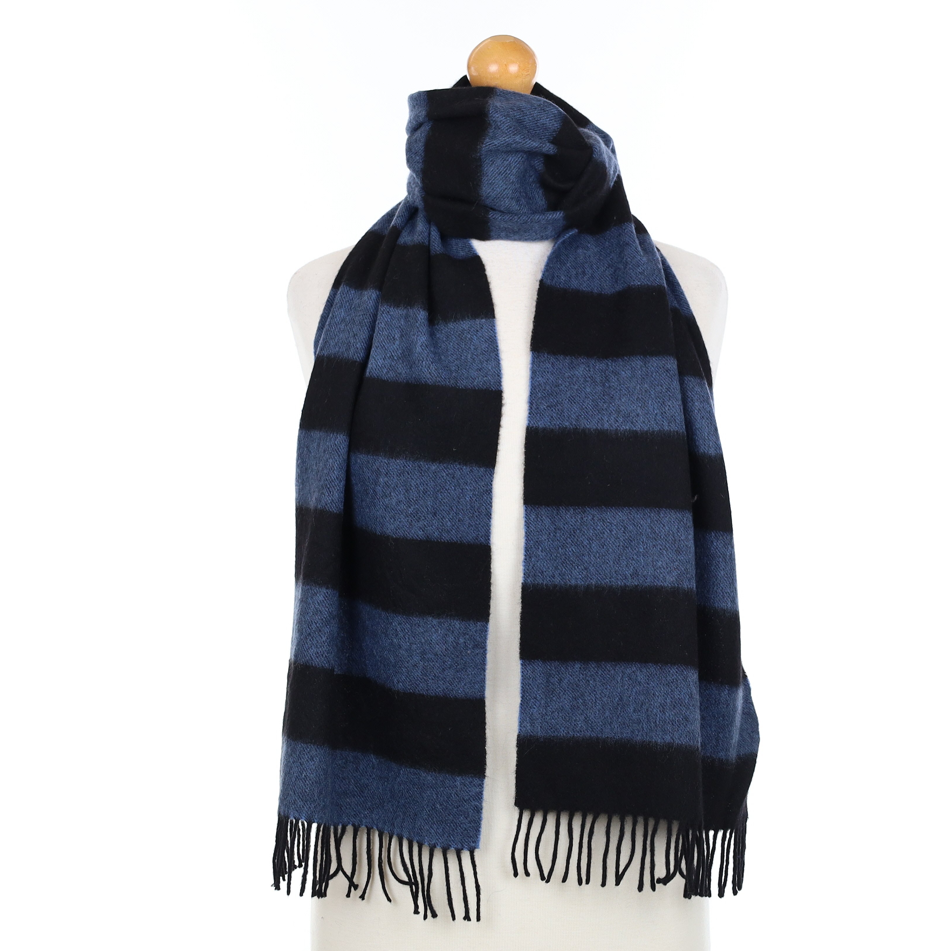 Blue and Black Striped Cashmere Woven Scarf