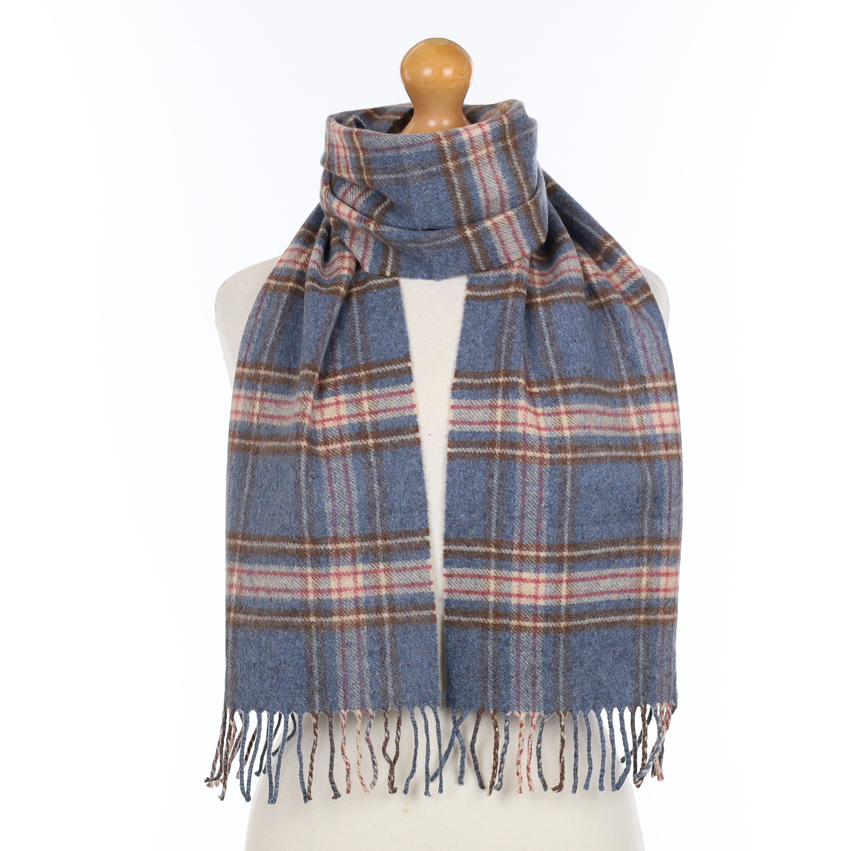 Blue Pink and Brown Patterned Cashmere Woven Scarf