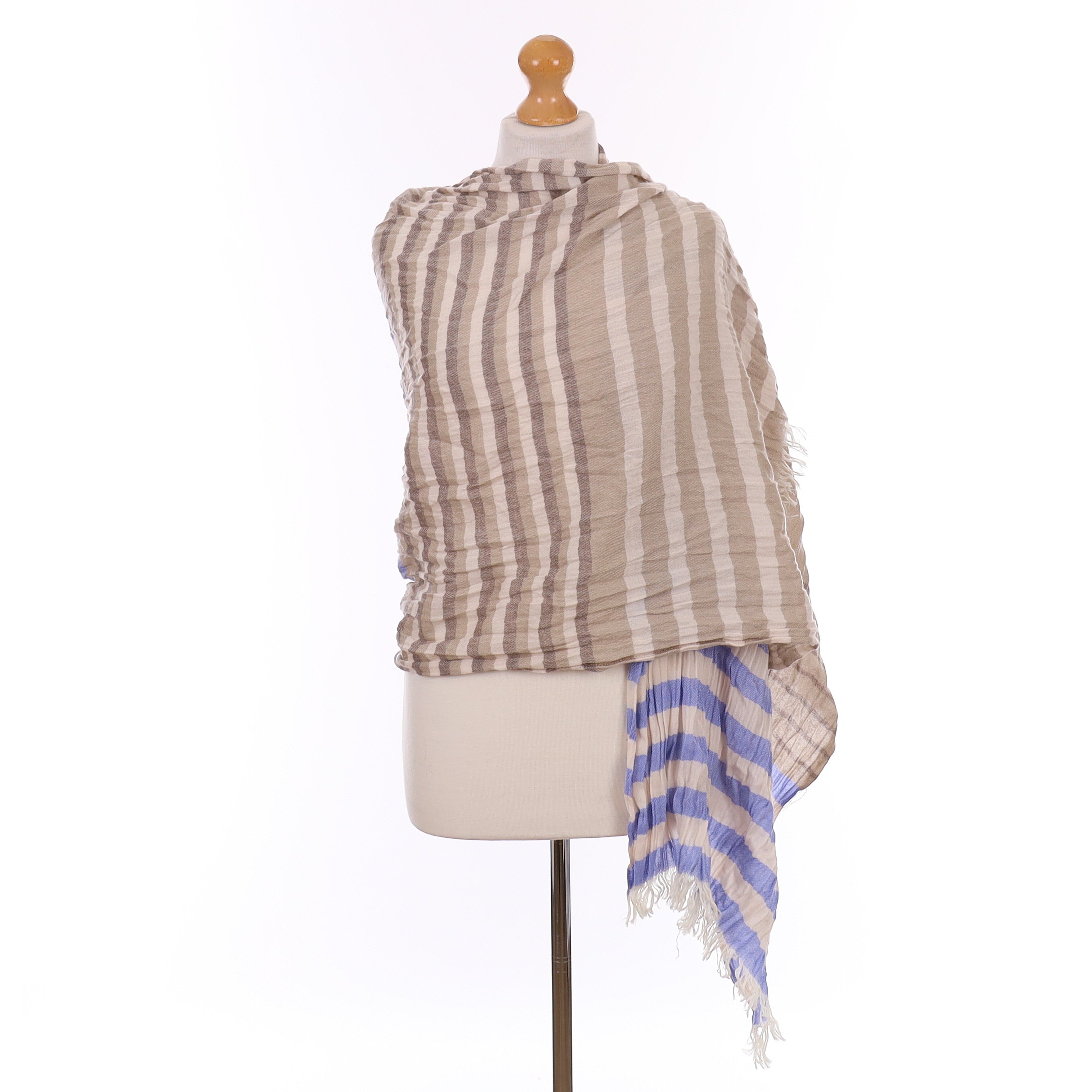 Brand New Scottish Mink and Sky Blue Luxury Woven Cashmere Crinkle Wrap