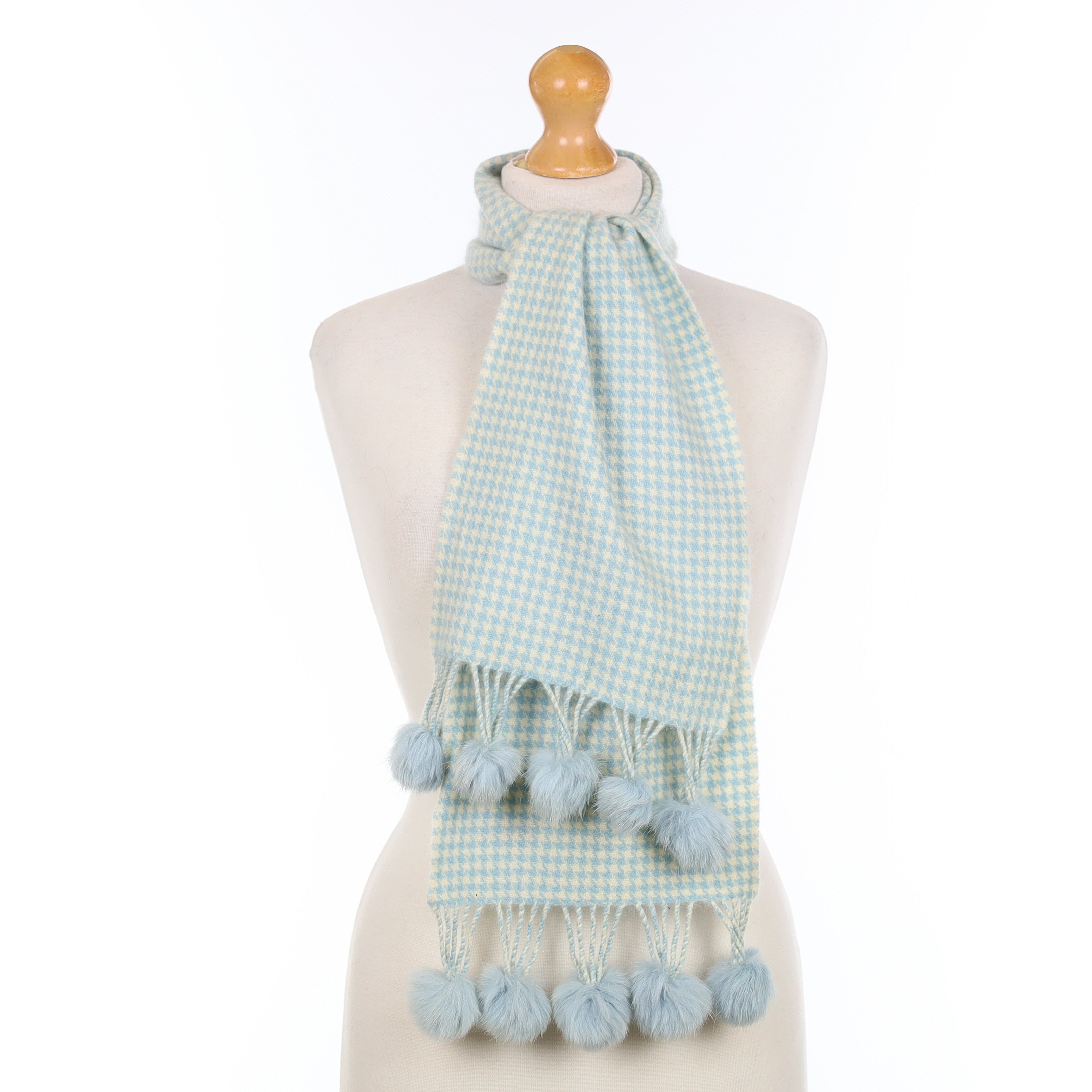 Blue Dogtooth with Pom Poms Cashmere Woven Scarf