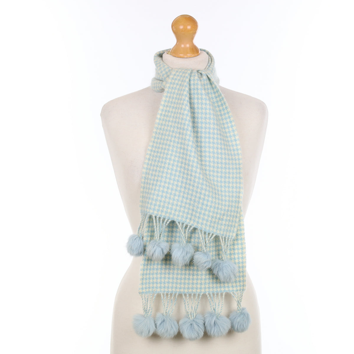 Blue Dogtooth with Pom Poms Cashmere Woven Scarf