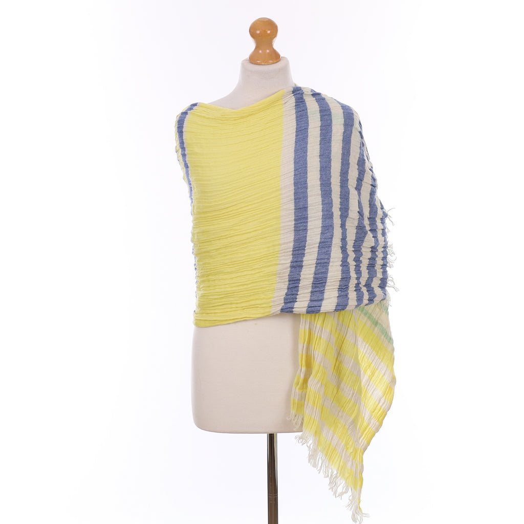Brand New Scottish Primrose Jade and Denim Luxury Woven Cashmere Crinkle Wrap
