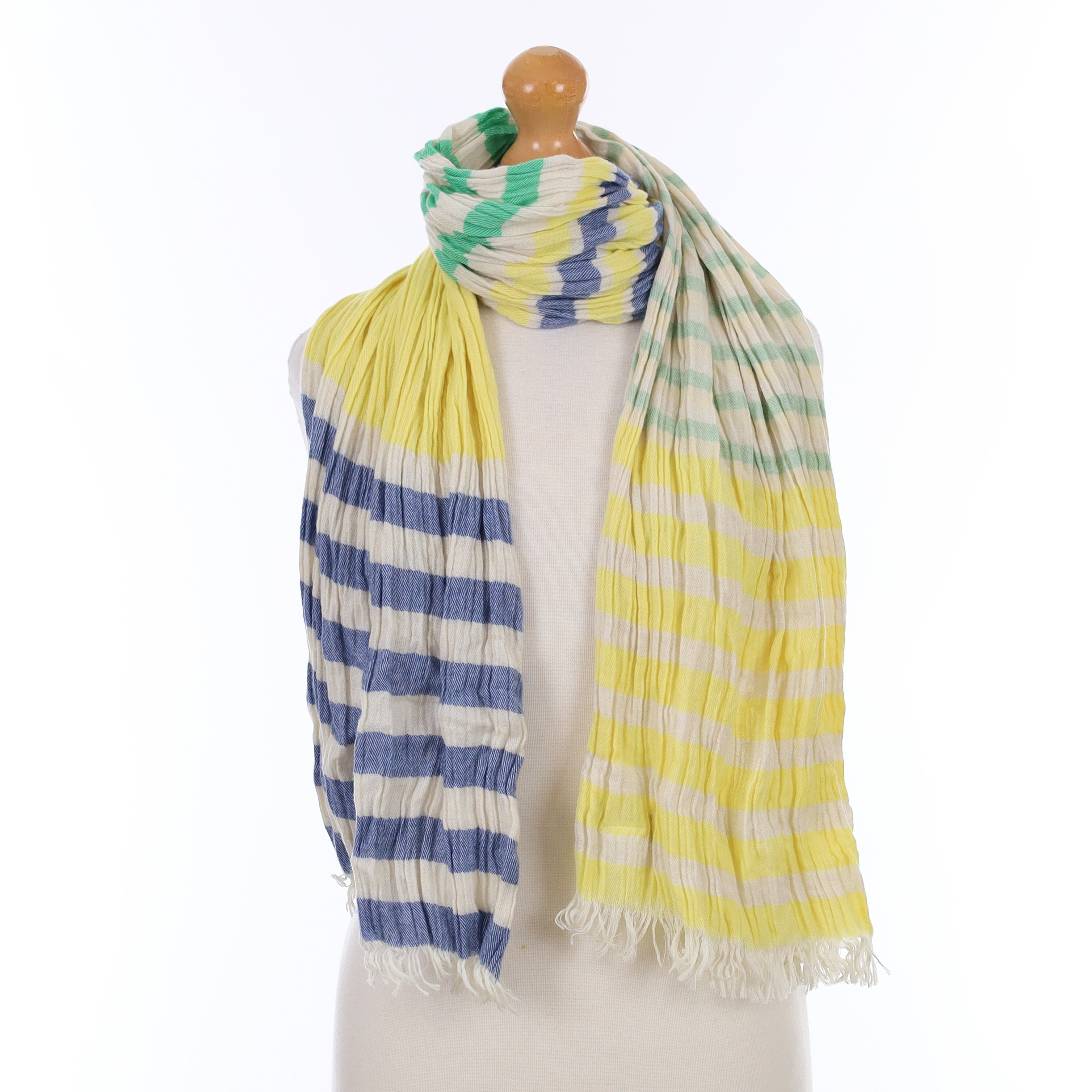 Brand New Scottish Primrose Jade and Denim Luxury Woven Cashmere Crinkle Wrap