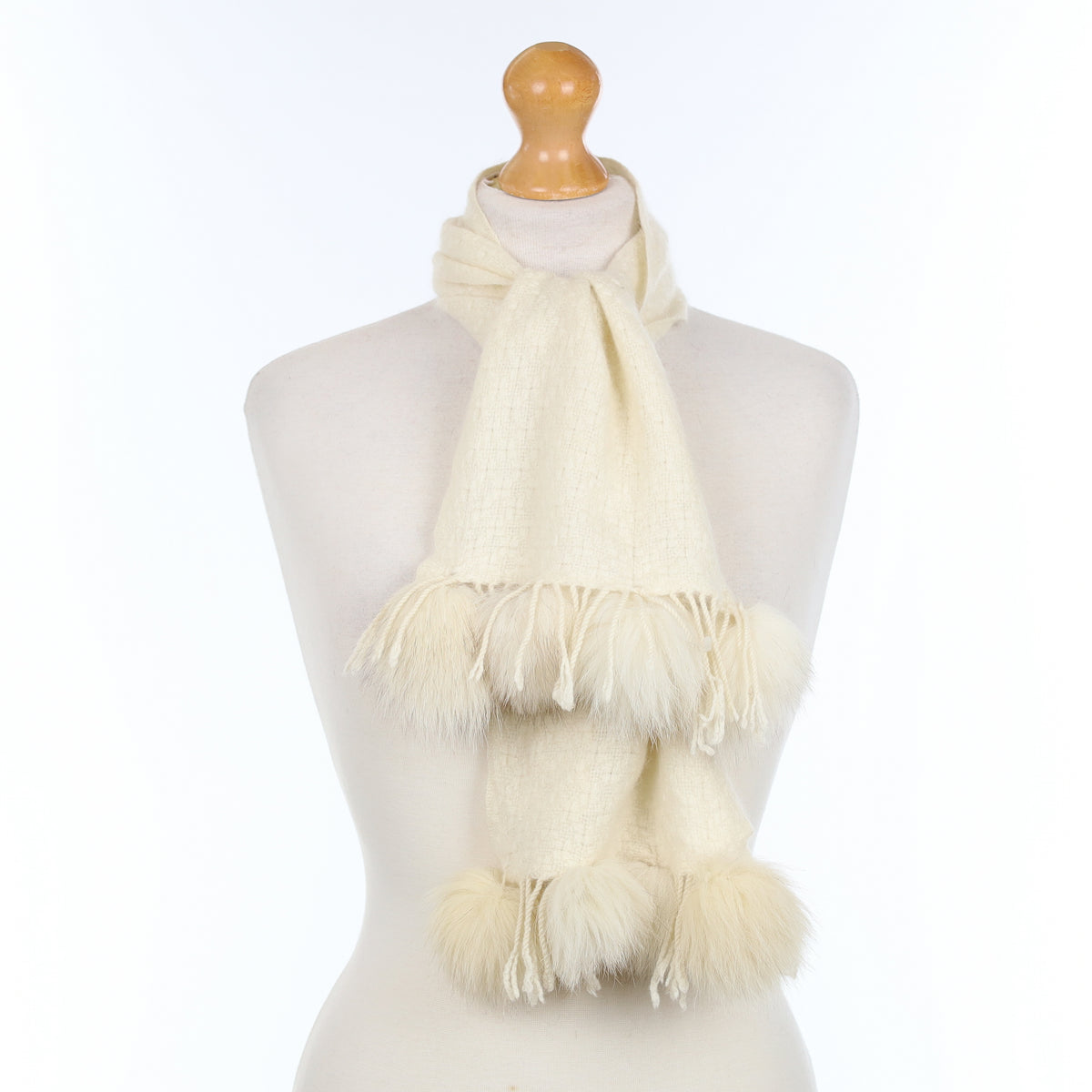 Cream with Fur Pom Poms Cashmere Woven Scarf