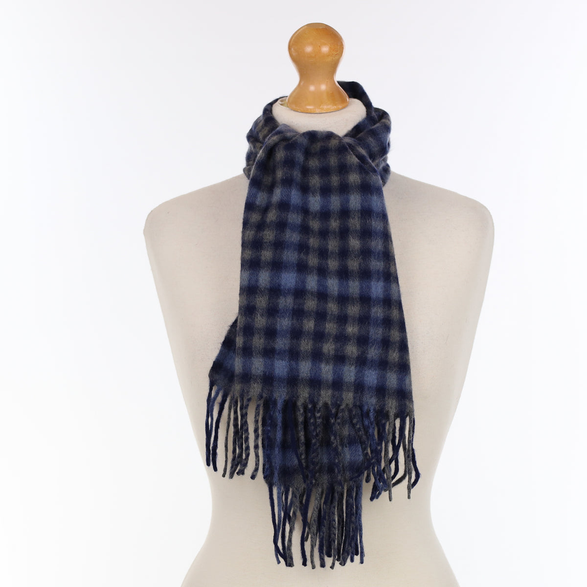 Blue and Grey Checked Cashmere Woven Scarf