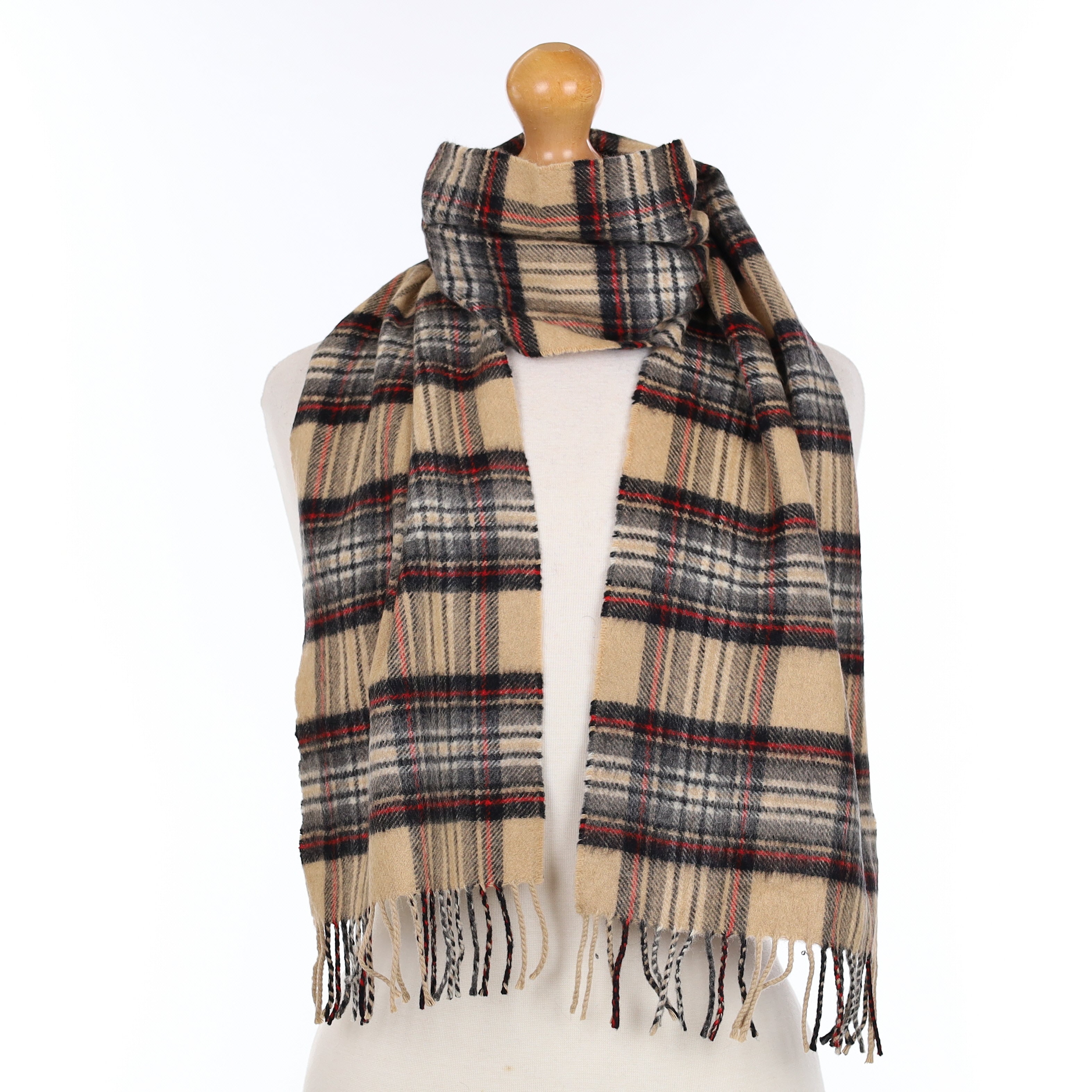 Scottish Beige Black Grey and Red Cashmere Woven Scarf