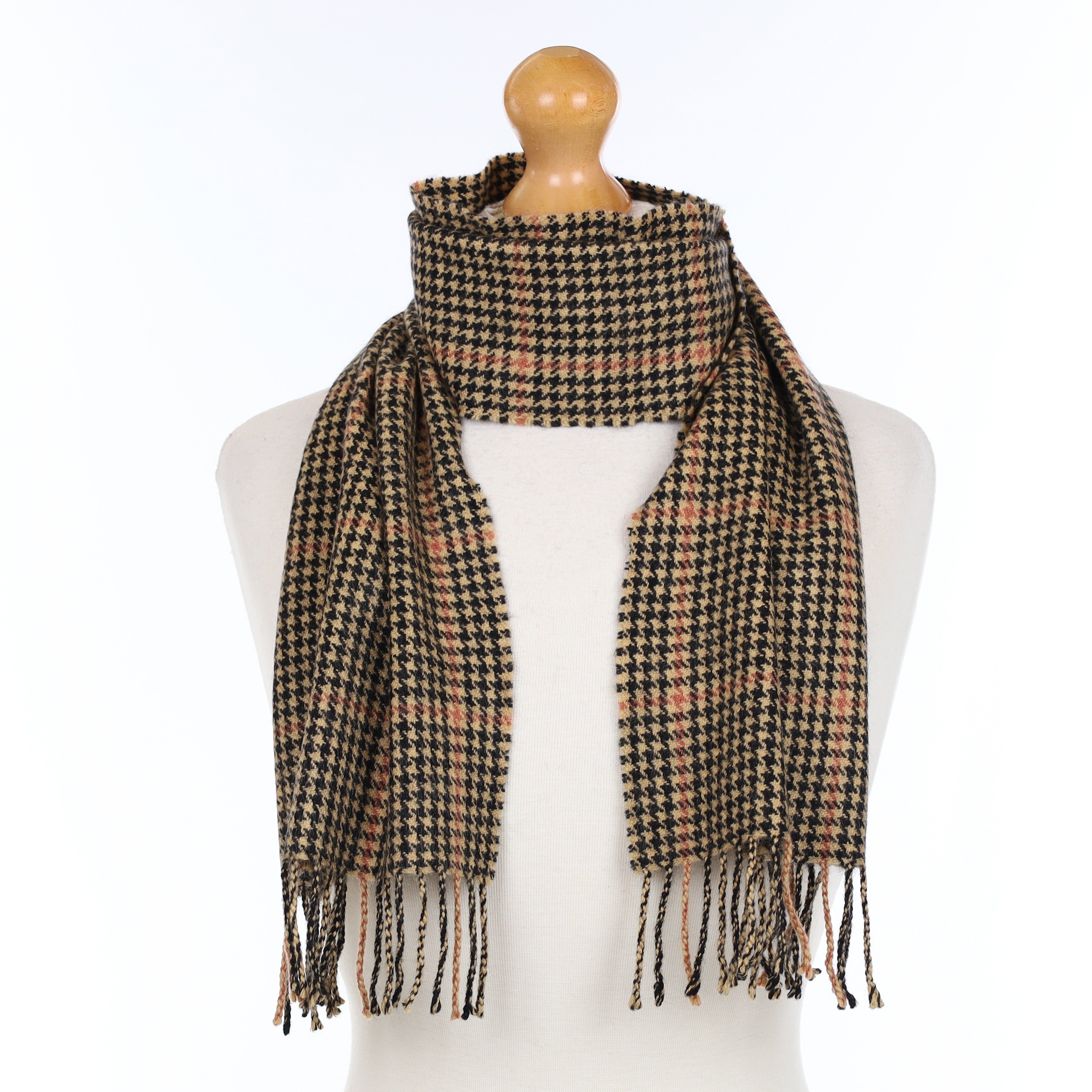 beige and Black Dogtooth Checked Cashmere Woven Scarf