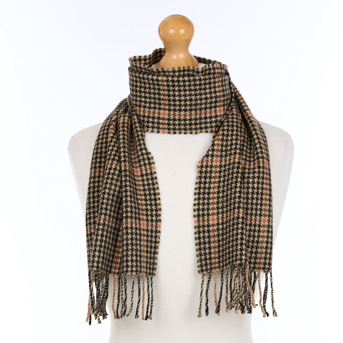 beige and Black Dogtooth Checked Cashmere Woven Scarf