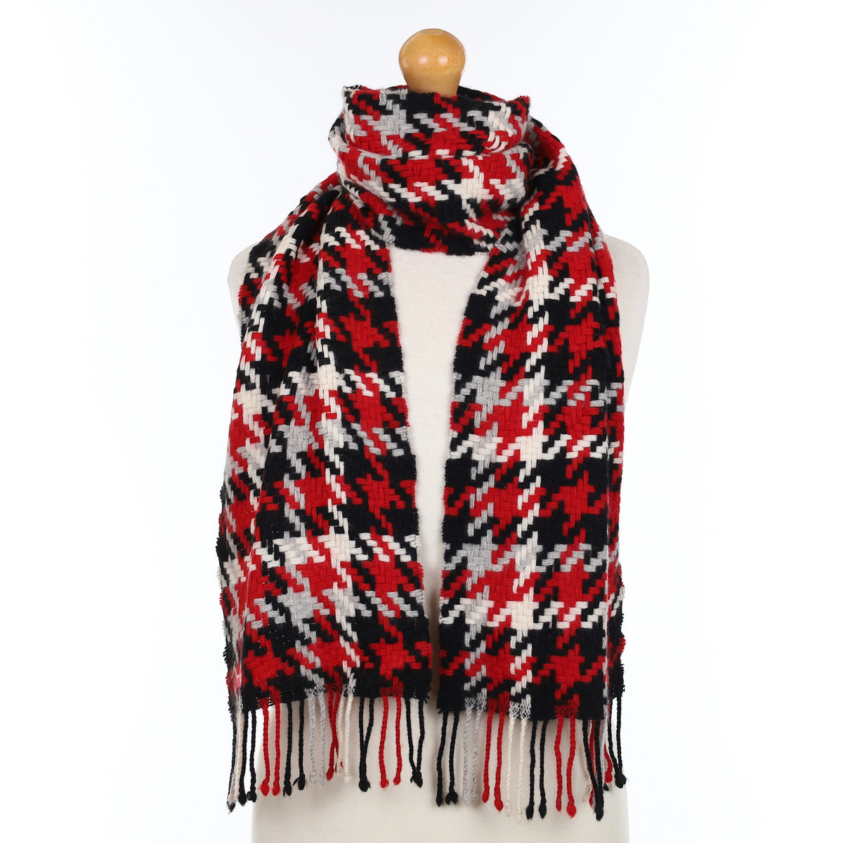 Red Cream Grey and Black Patterned Cashmere Woven Scarf