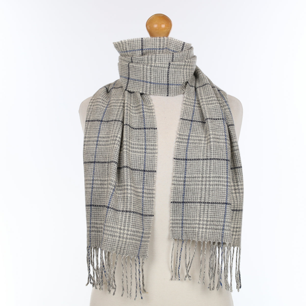 Grey Cream and Blue Patterned Cashmere Woven Scarf