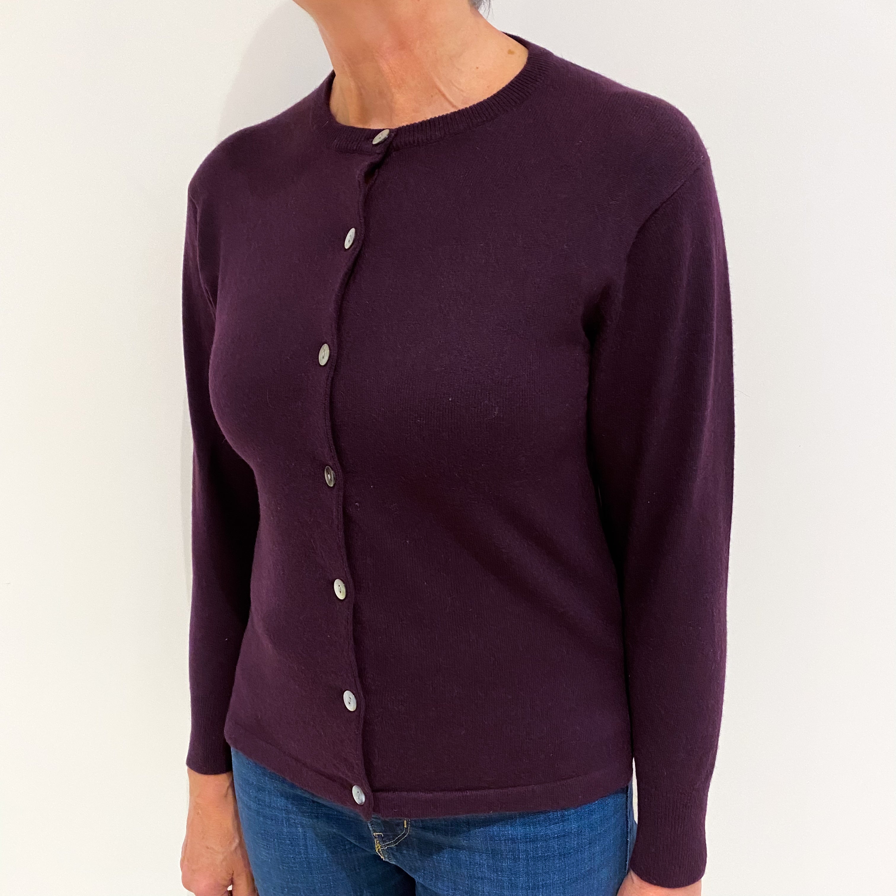 Deep Aubergine Purple Cashmere Crew Neck Cardigan Medium