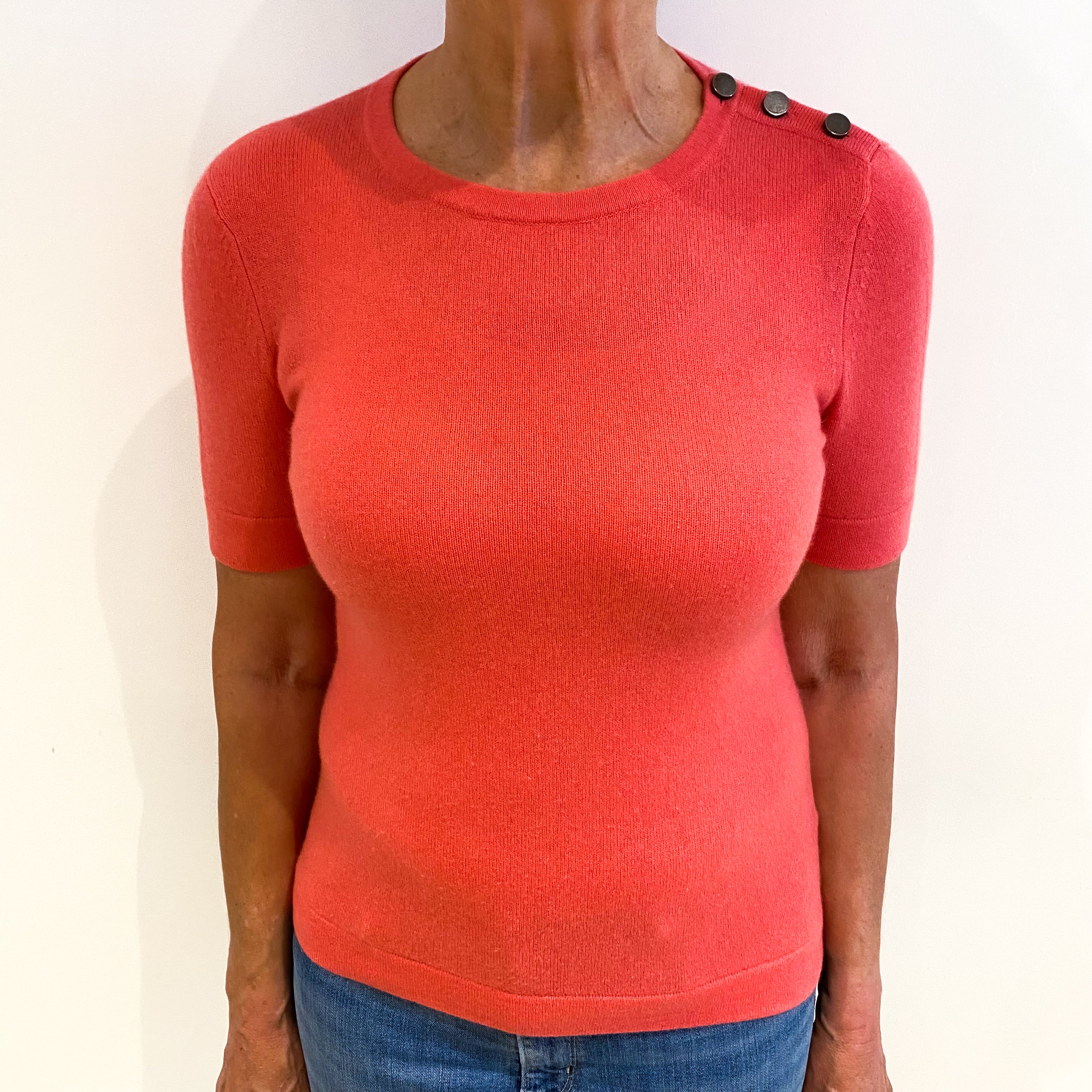 Flamingo Pink Cashmere Crew Neck Short Sleeved Jumper Medium