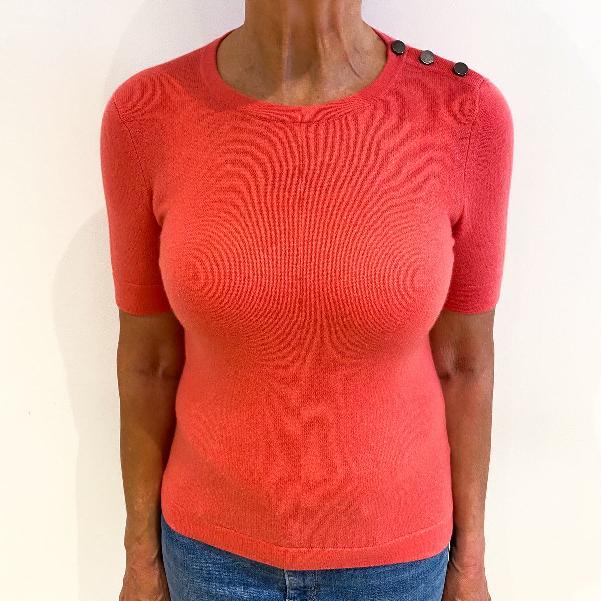 Flamingo Pink Cashmere Crew Neck Short Sleeved Jumper Medium