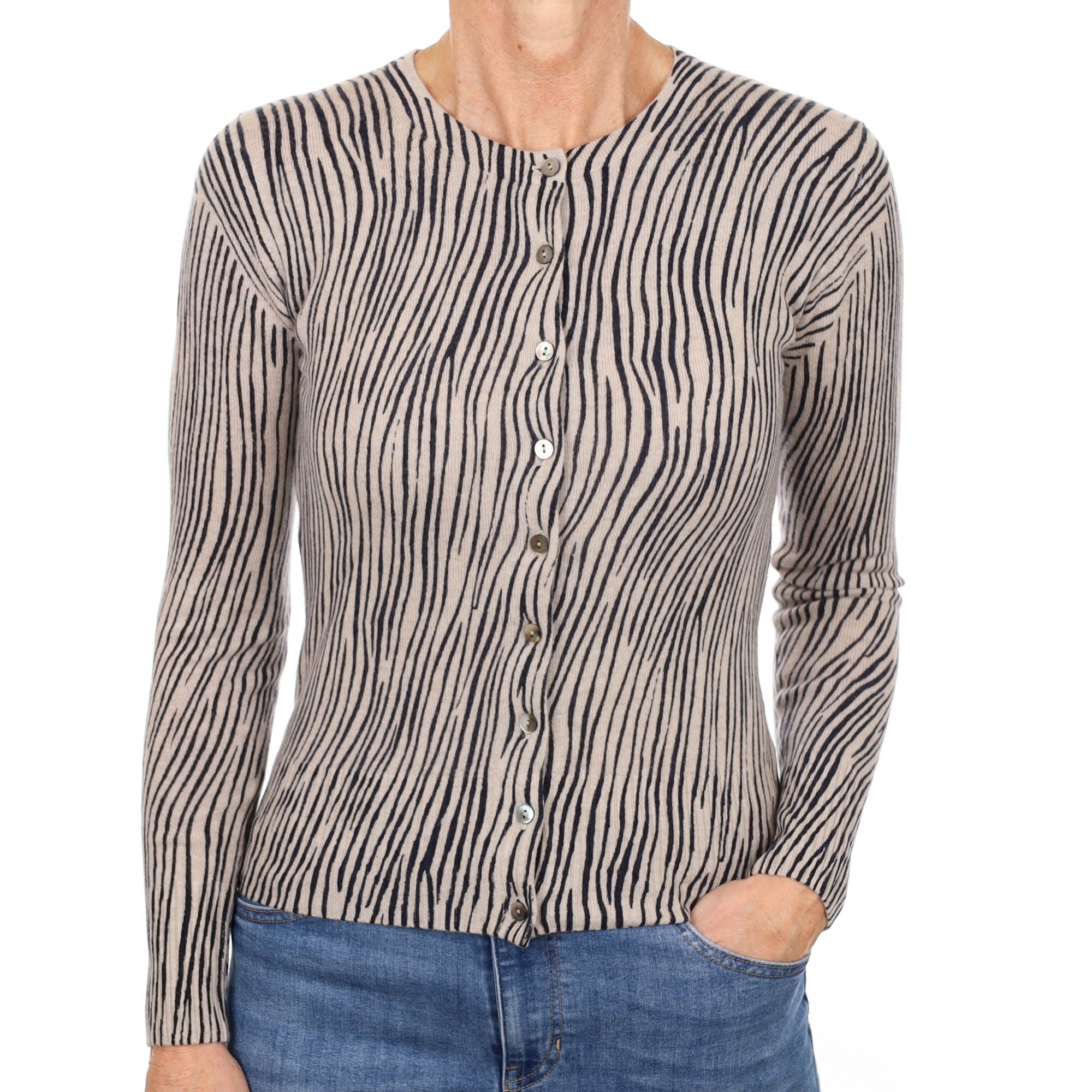 New Oatmeal and Black Pattern Cashmere Crew Neck Cardigan Small