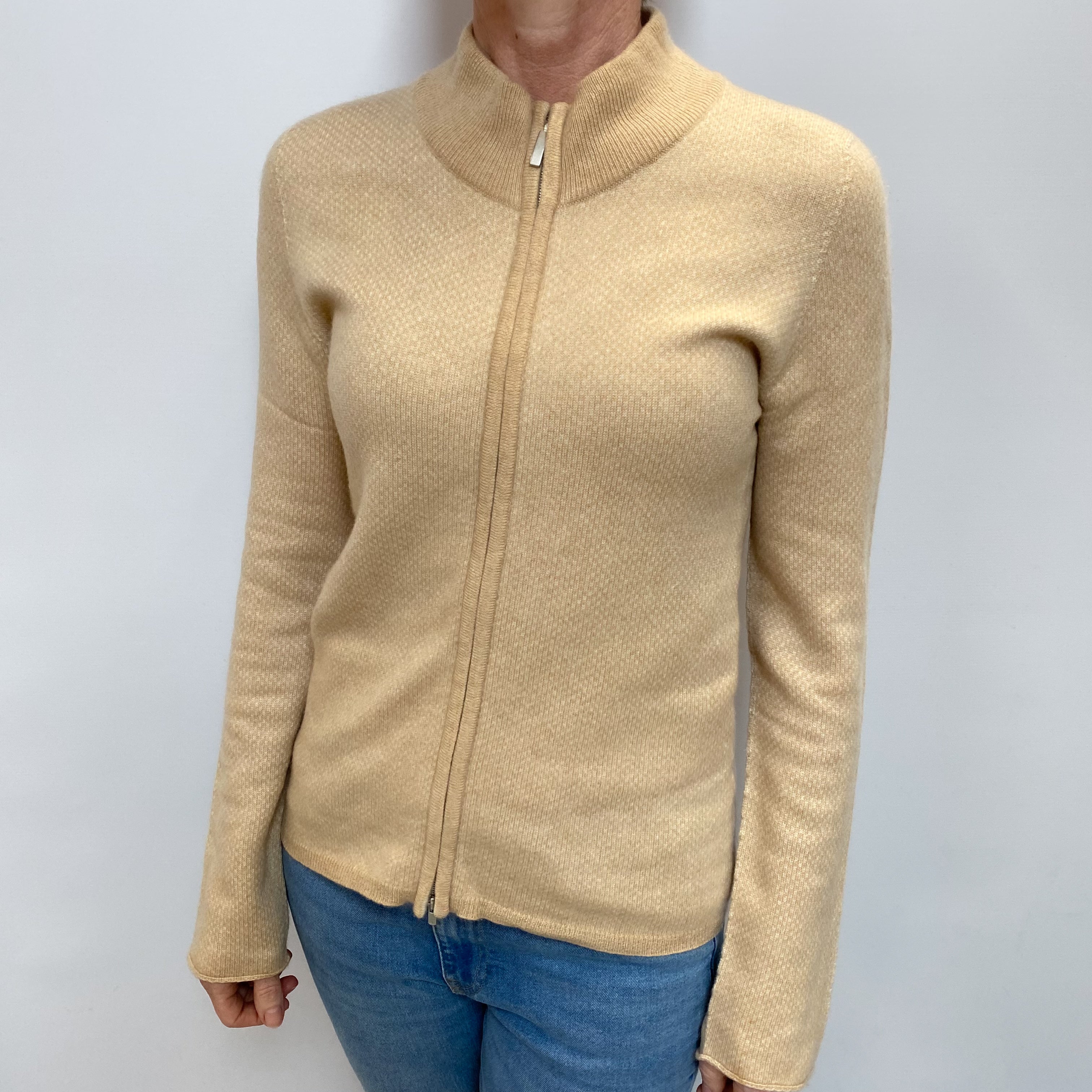 Beige Two Tone Cashmere Zip Up Cardigan Small