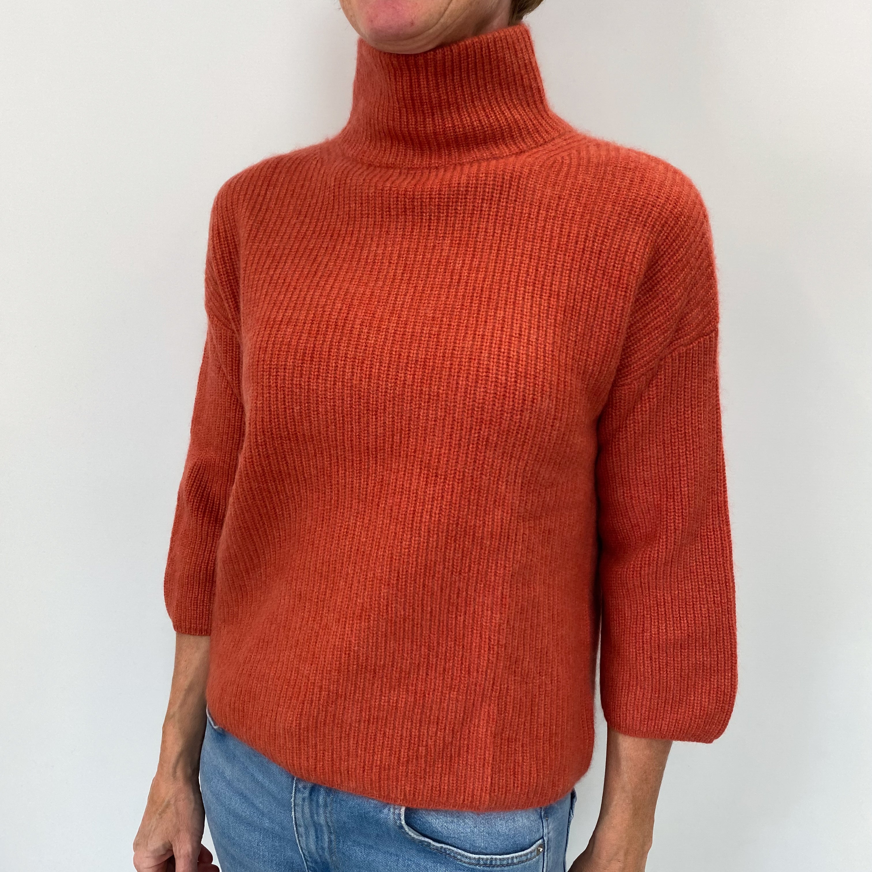 Burnt Orange Cashmere Funnel Neck 3/4 Length Sleeve Jumper Small