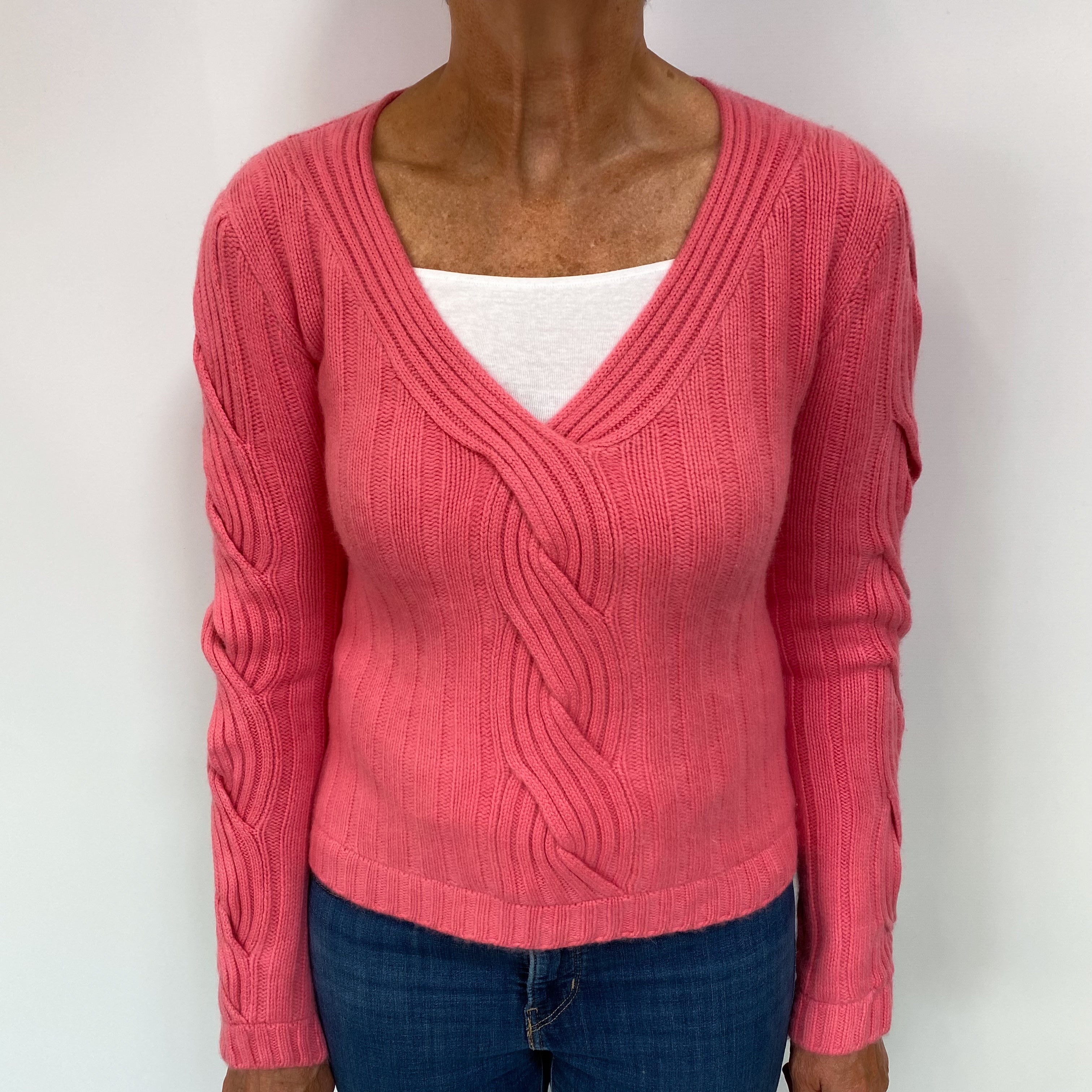 Flamingo Pink Cashmere V Neck Jumper Medium