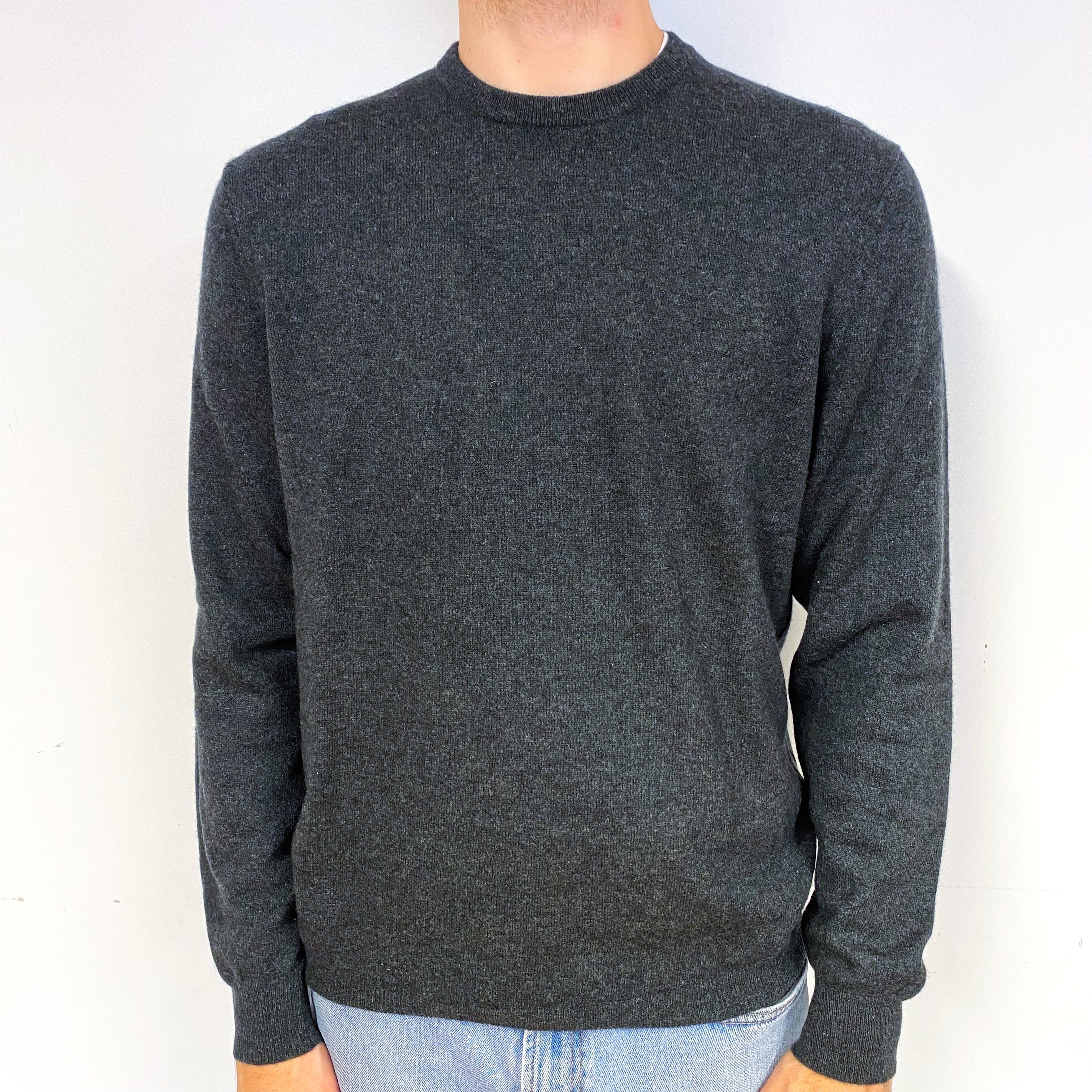 Men's Charcoal Grey Cashmere Crew Neck Jumper Large