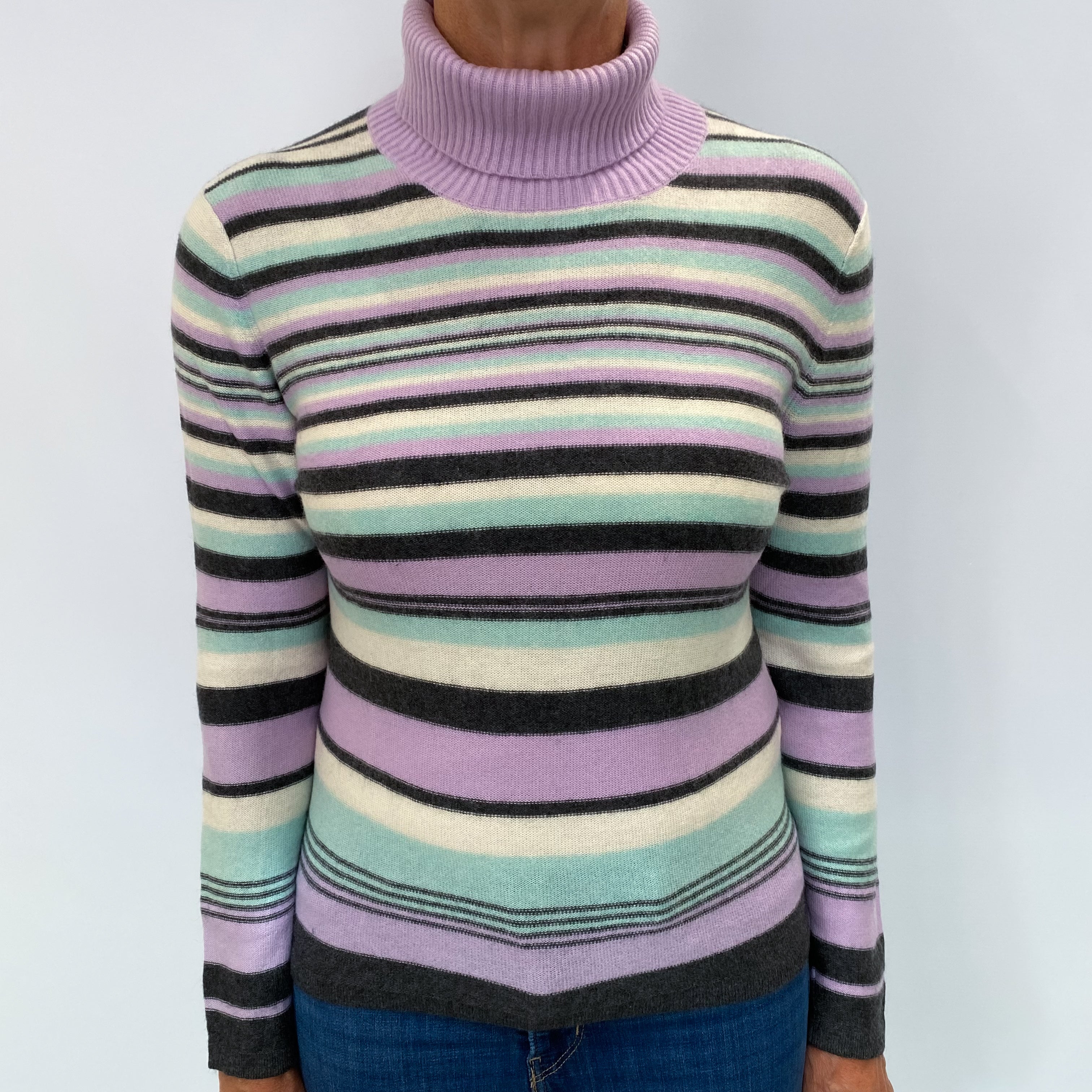 Purple and Mint Stripe Cashmere Polo Neck Jumper Medium