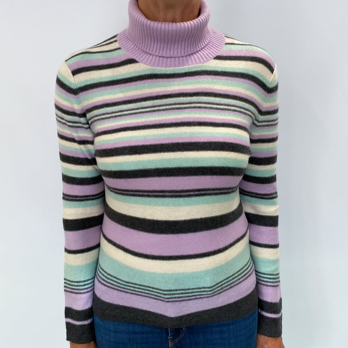 Purple and Mint Stripe Cashmere Polo Neck Jumper Medium