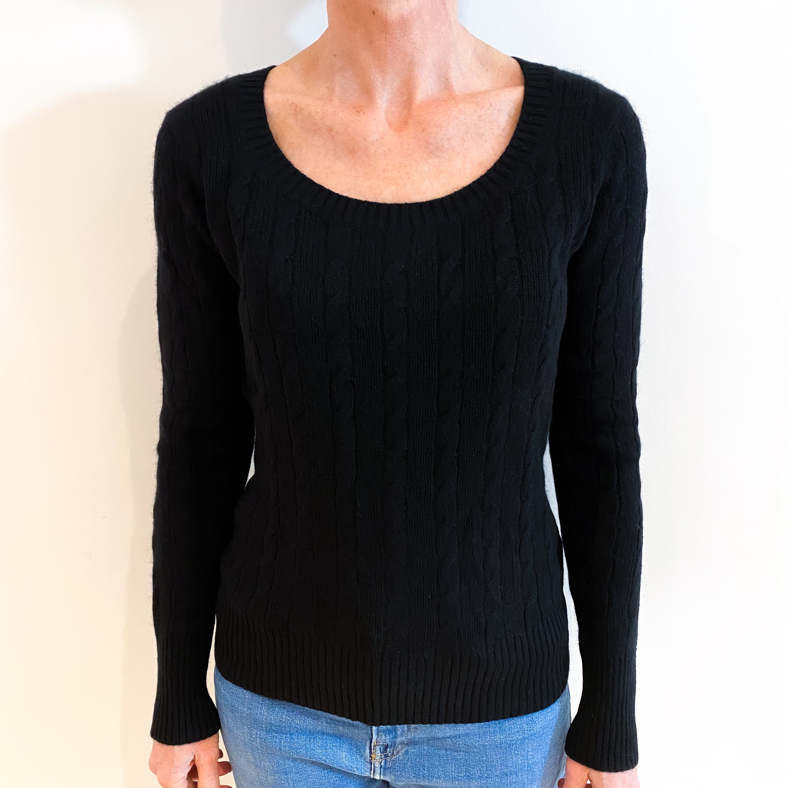 Black Cable Cashmere Scoop Neck Jumper Small