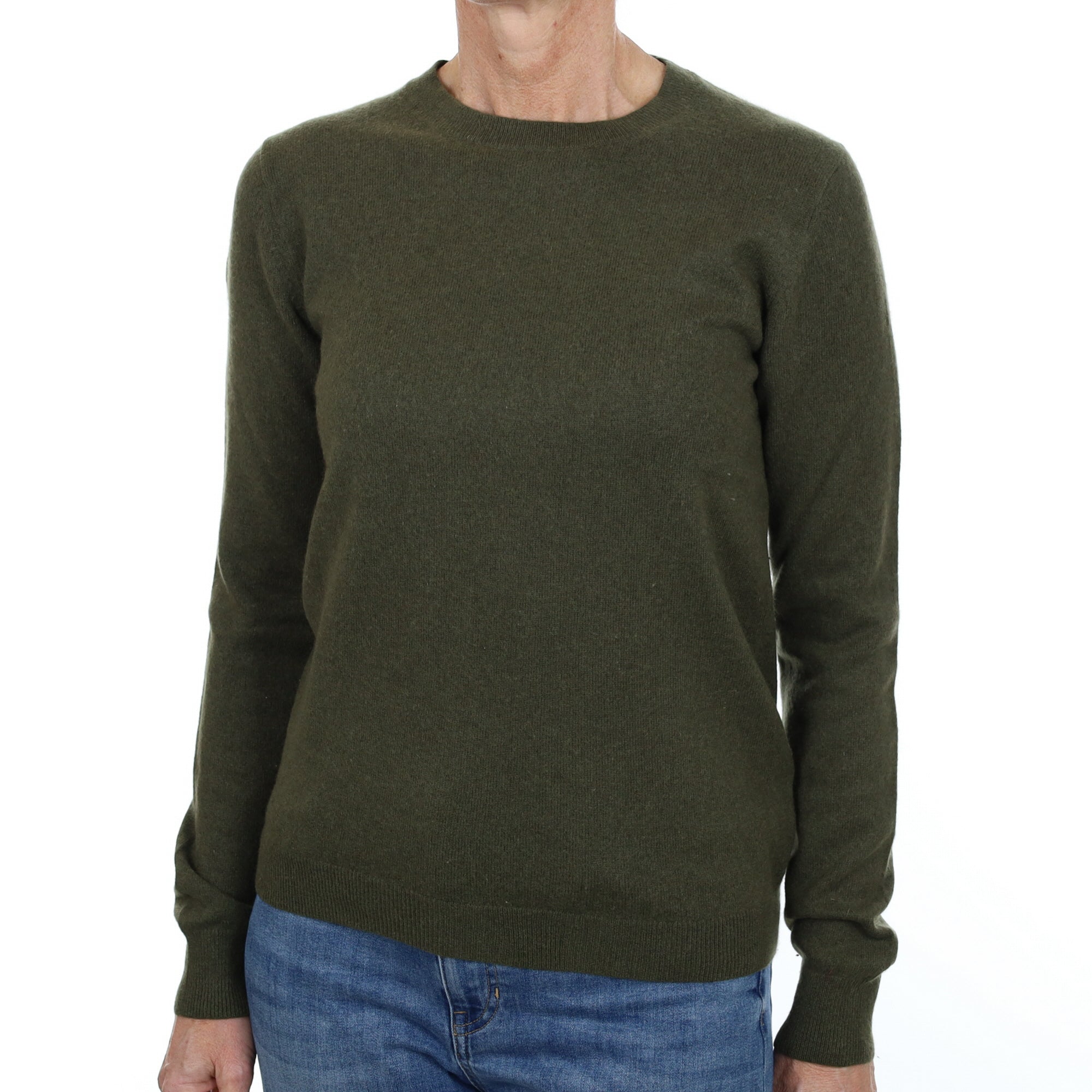 Deep Khaki Green Cashmere Crew Neck Jumper Small