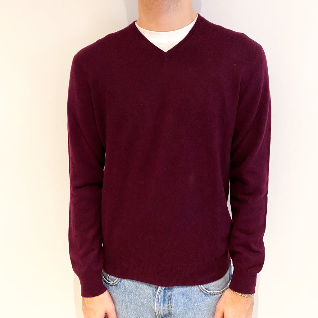 Men's Wine Red Cashmere V Neck Jumper Large