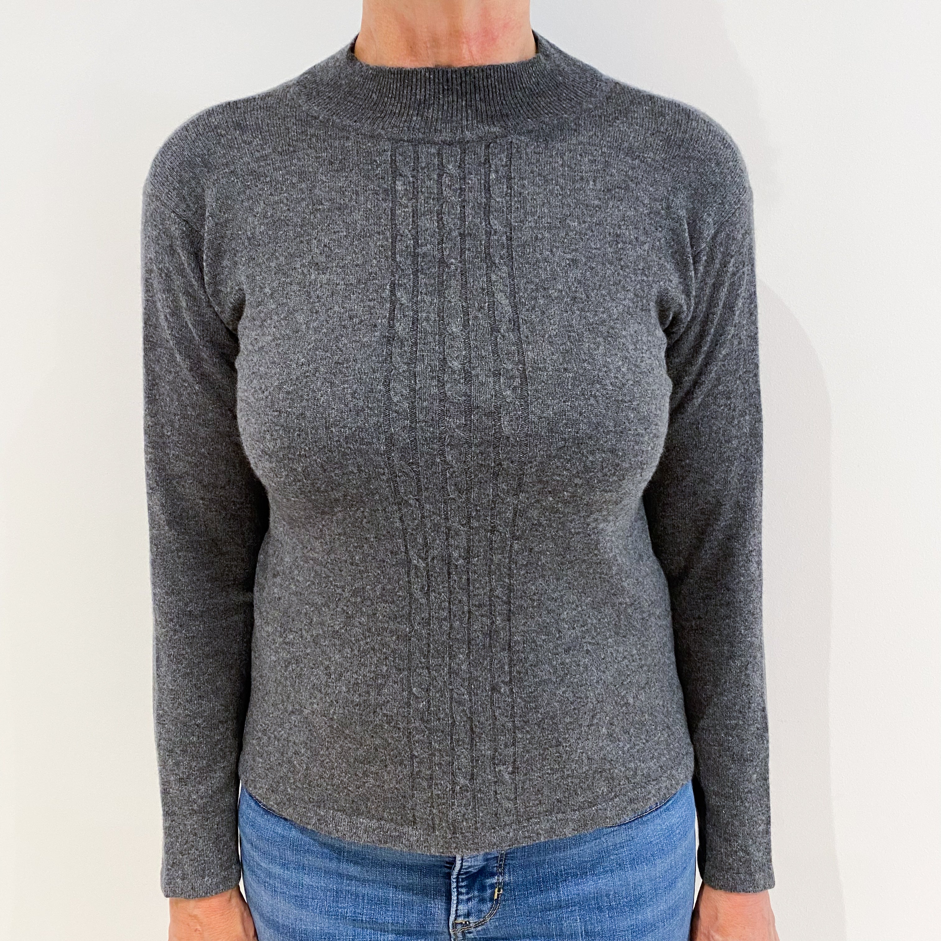 Slate Grey Cable Detail Cashmere Turtle Neck Jumper Medium