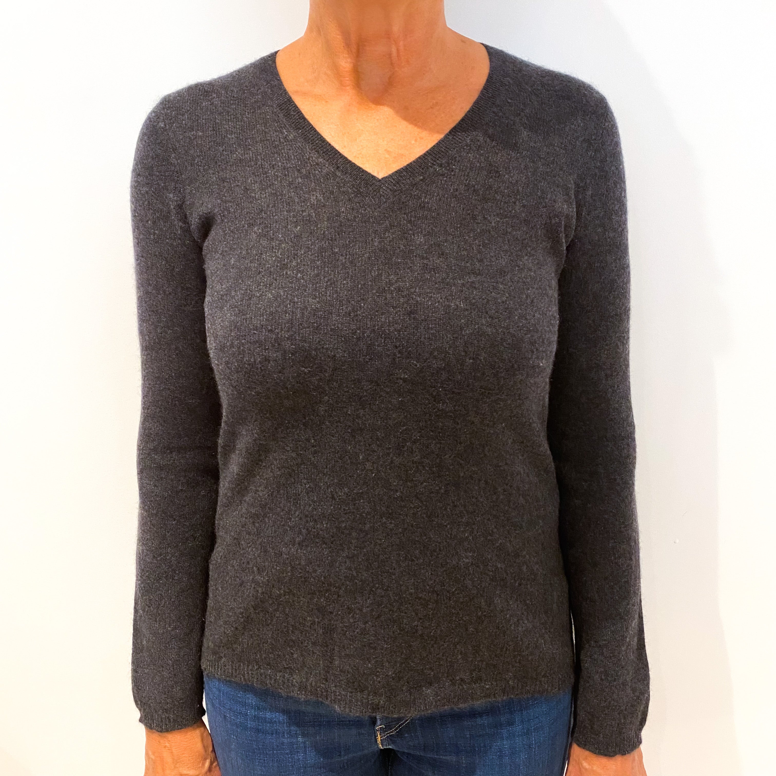 Slate Grey Cashmere V-Neck Jumper Medium