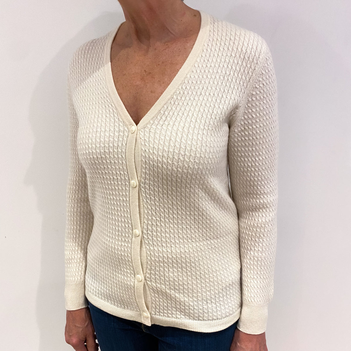 Ivory Cashmere Cable Knot Cardigan Medium